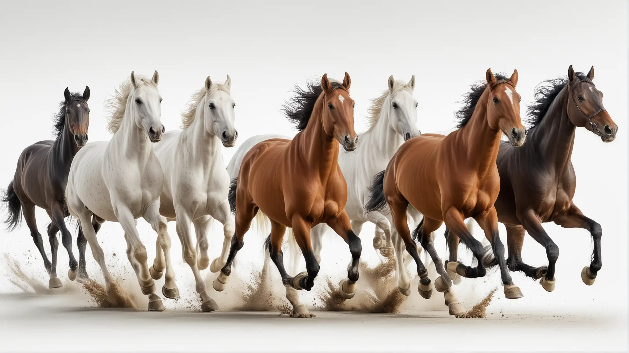 Group of Horses Galloping on White Background