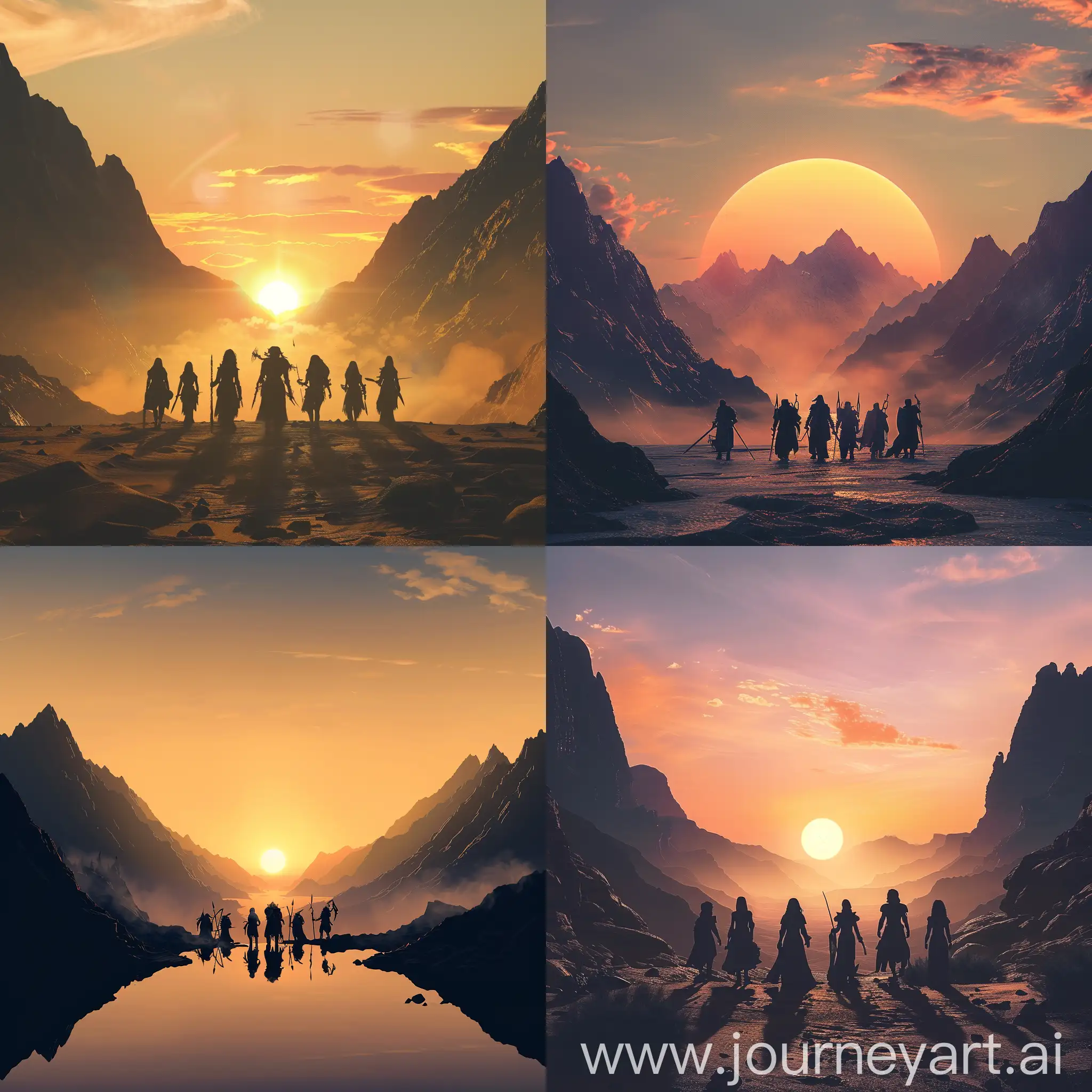 clear sunset, mountains left and right, silhouettes of fantasy travelers in the center, front view