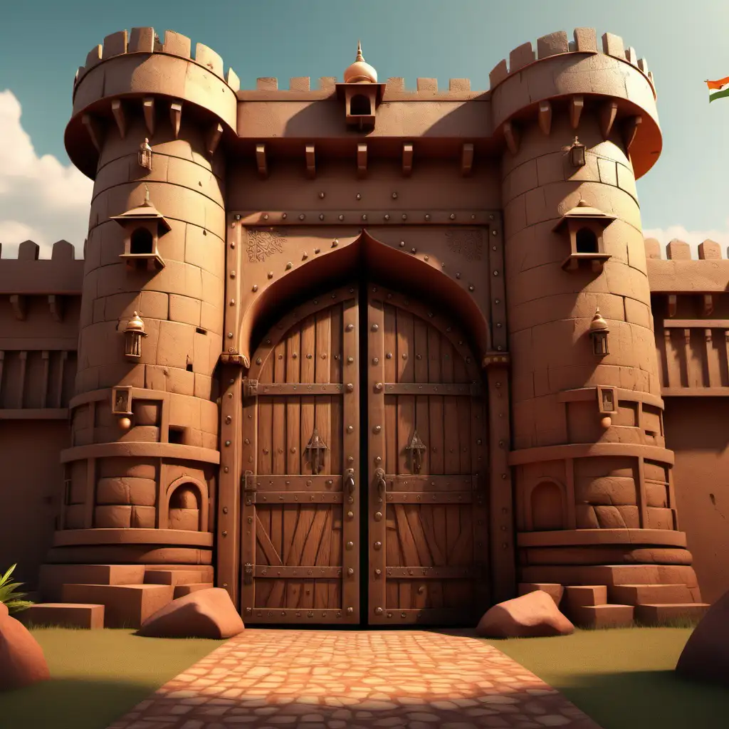 Create a 3D illustrator of an animated scene of a majestic fort with a large door closing the entrance with two guards standing near the door. Beautiful and spirited indian village background illustrations.