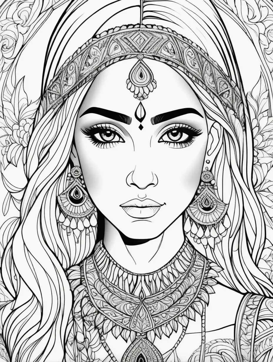 Portrait of a beautiful Indian young woman with blonde hair and with light eyebrows, black and whit adult coloring page, large print, minimum details, no shadding, no greys, white ornamental background