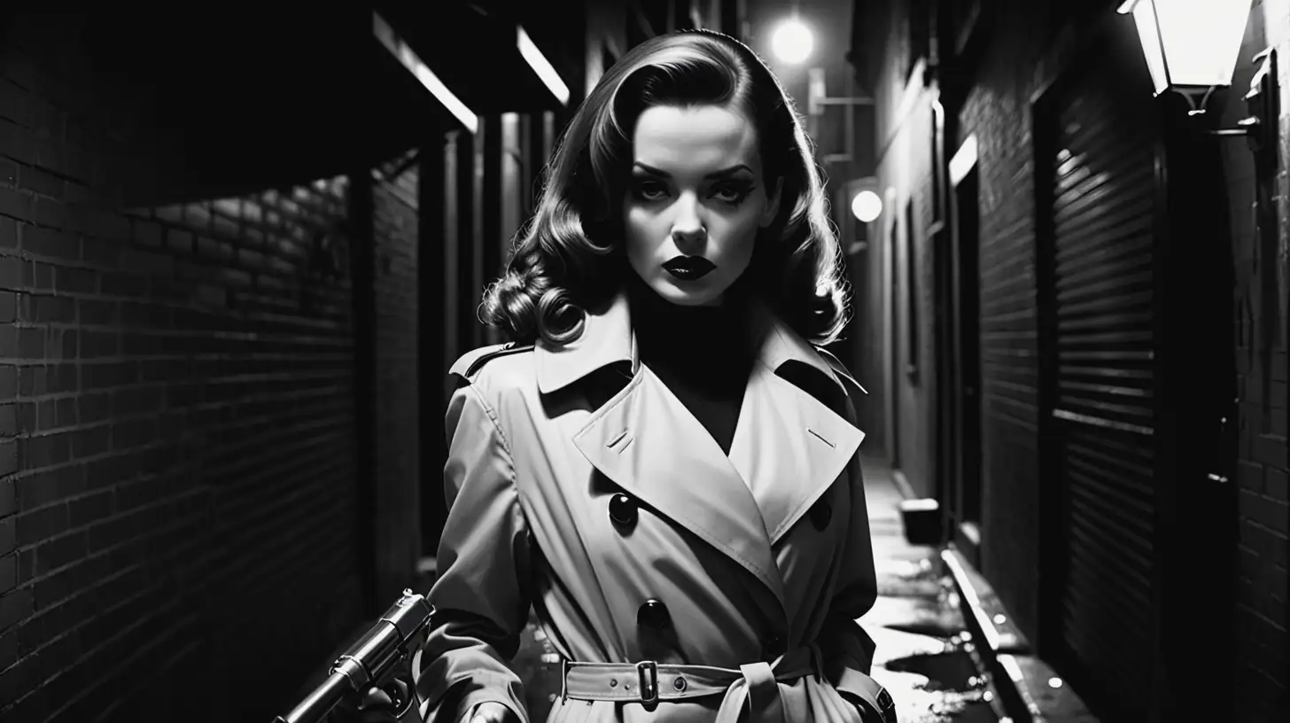 black and white film noir femme fatale dimly lit alley wearing trench coat holding gun