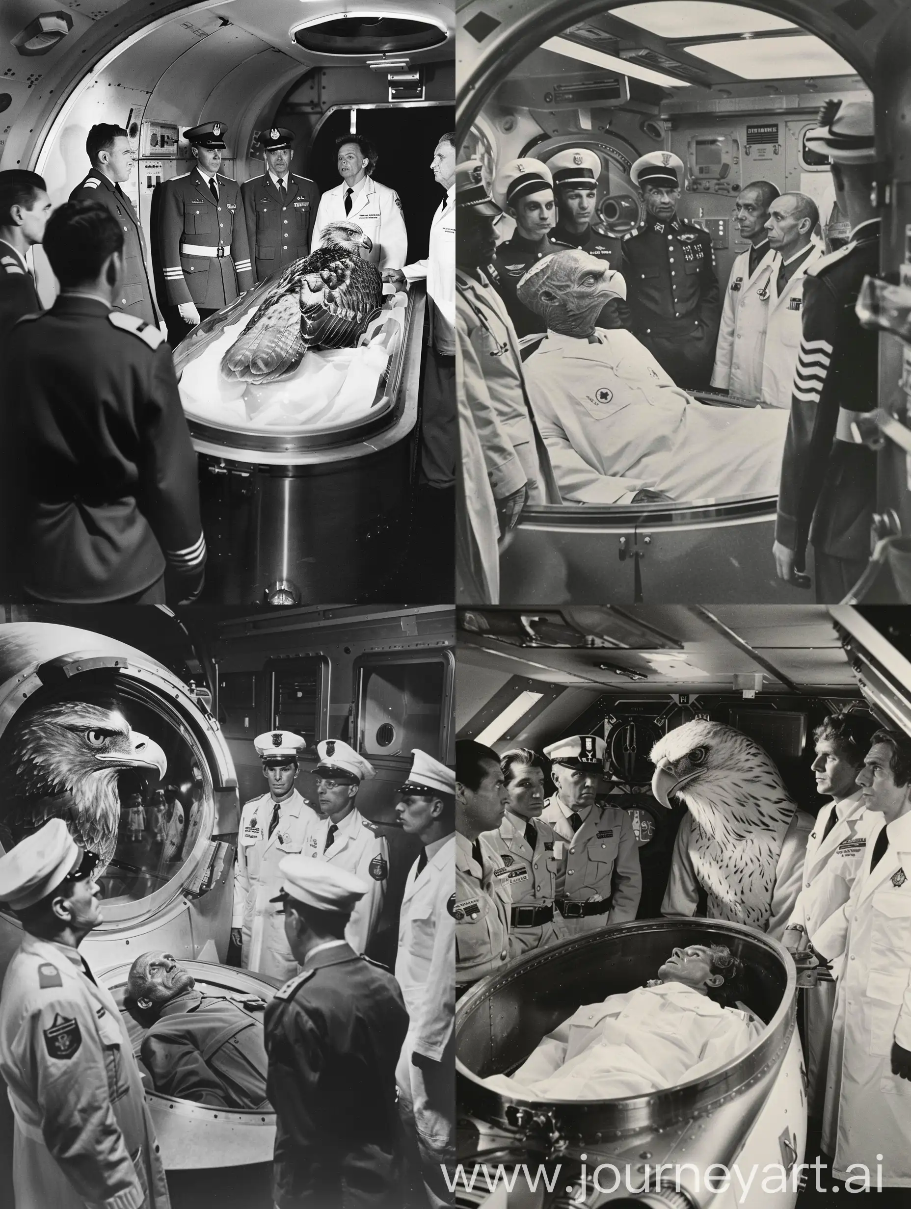 На космическом корабле в медицинском отделе собрались несколько офицеров в форме, несколько врачей в белых халатах. В капсуле перед собравшимися лежит человек в два раза выше обычного человека с головой орла.