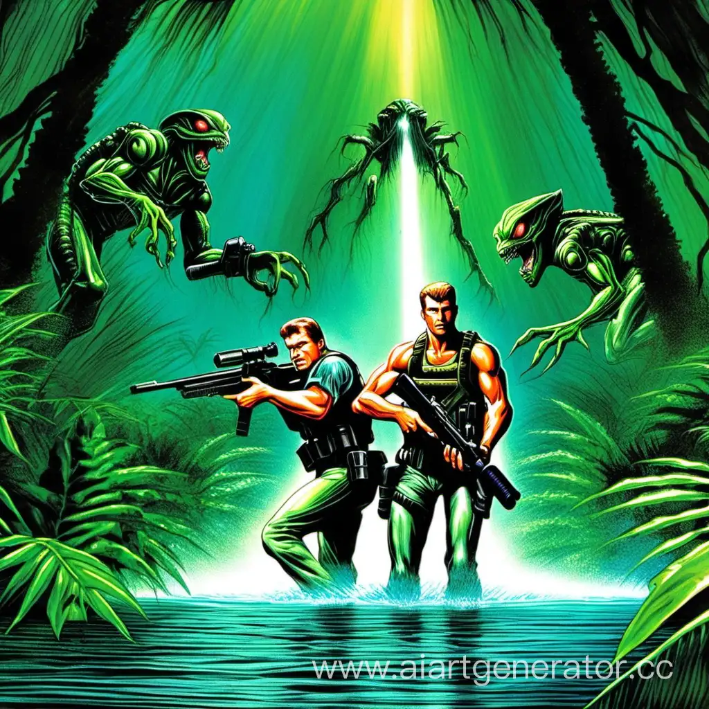 
Contra The Alien Wars. Билл Райзер и Лэнс Бин по пояс в воде передвигается  в джунглях и стреляют по чужим с пришельцами
