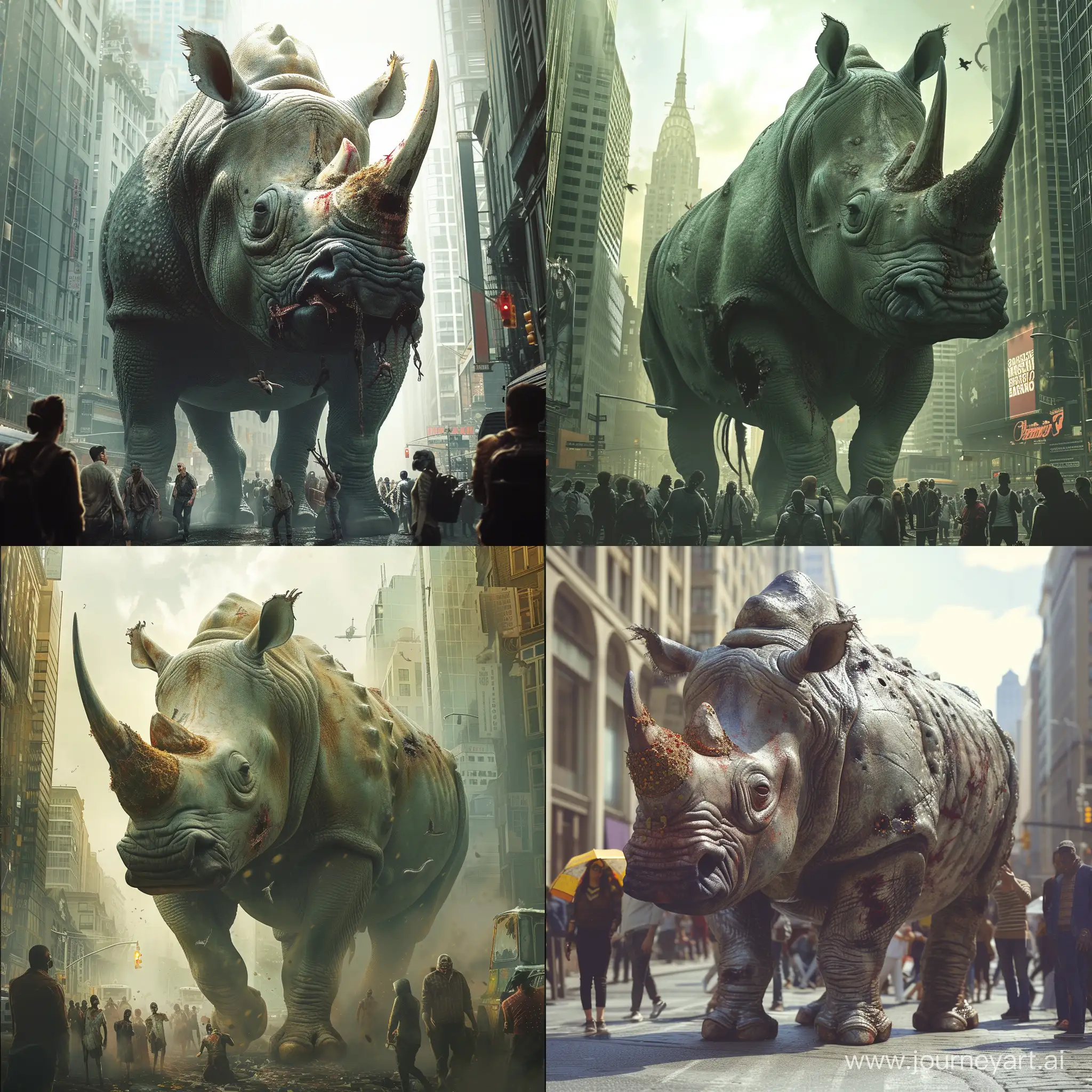 A zumbie rhinoceros with a big body and a ripe body  looking people in the city 