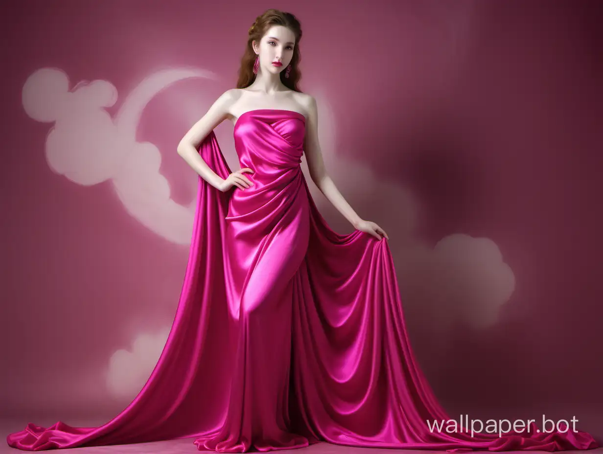 goddess of beauty and love Venus with big natural chest in pink fuchsia mulberry silk dress