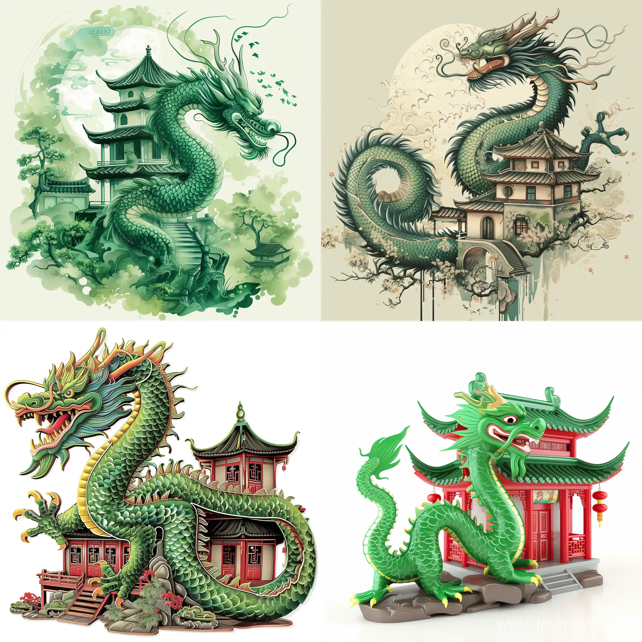Китайский зелёный дракон с китайским домом
