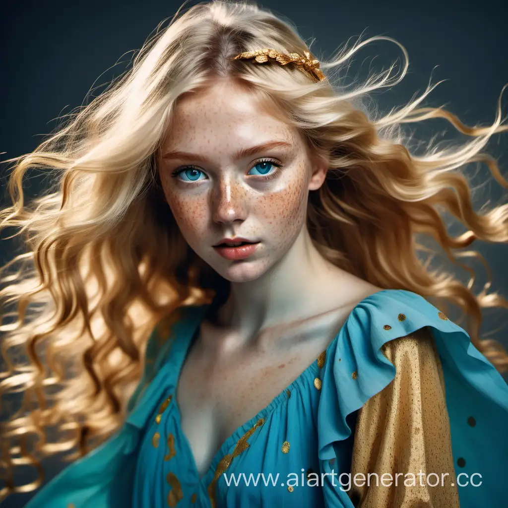 Изобрази девушку, зеленоглазую  блондинку с веснушками, одетую в летящее голубое платье с золотыми нитями.