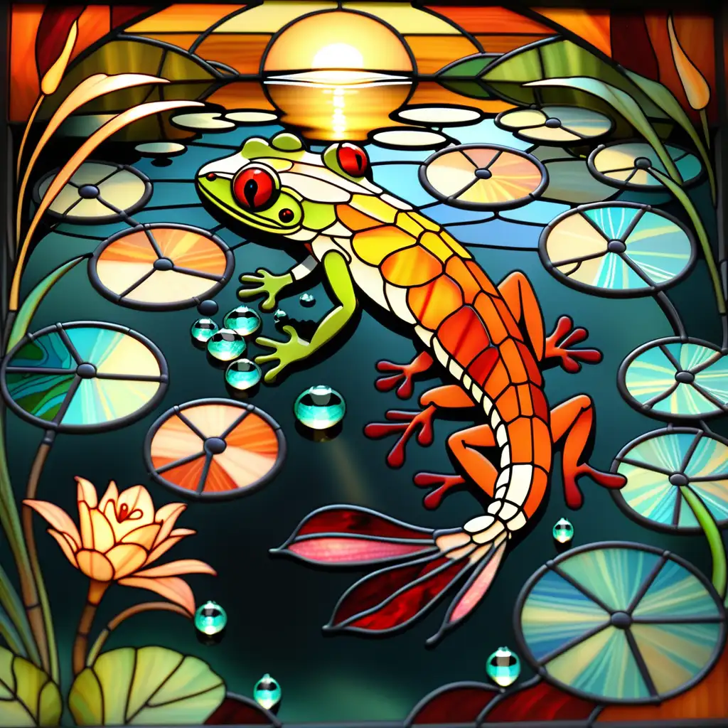   stained glass, frog, koi fish, a shrimp, in a pond, dew drops, sunset