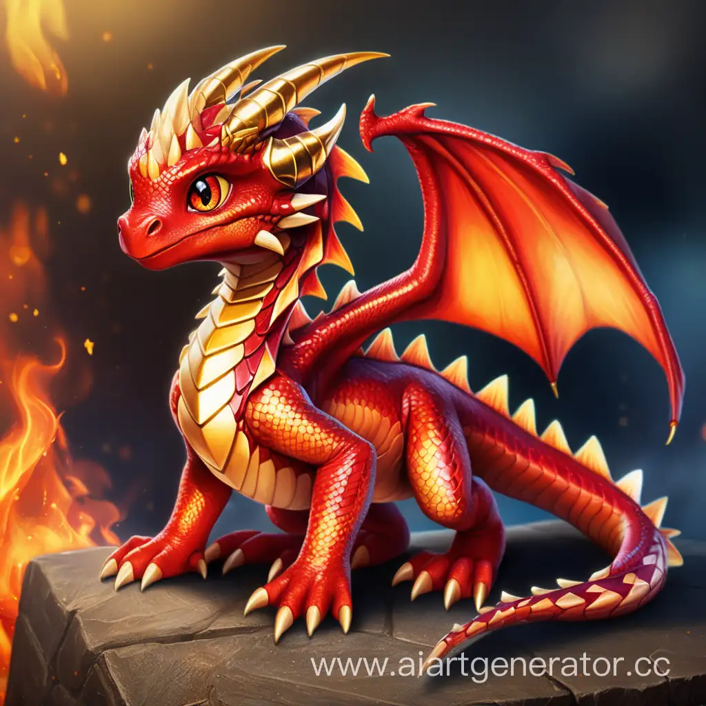 Детёныш дракона огня с красной чешуей и золотыми глазами 