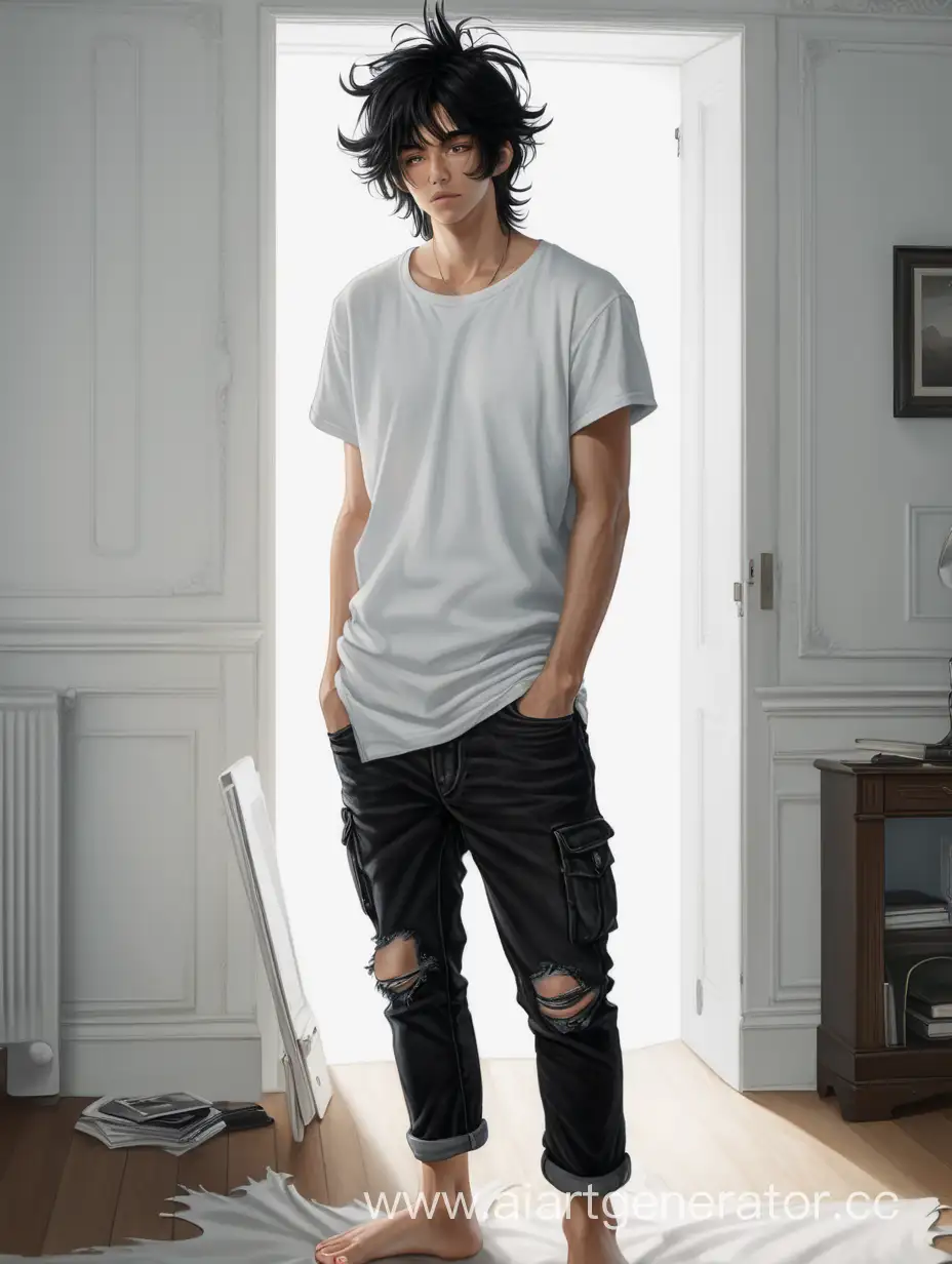 Парень с черными растрепанными волосами стоит в комнате в белой футболке, черных мешковатых джинсах, босиком.