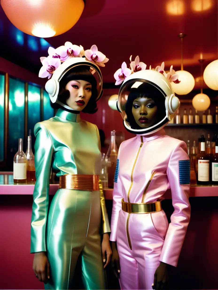 a chinese woman model and a black woman model with half-body fashion poses, wearing haute couture space helmets and space suits, in a mid-century bar with orchids, wes anderson color palette, soft light, 35mm photography