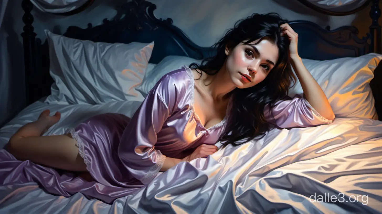 красивая черноволосая девушка потягивается в кровати в красивой сорочке картина 
