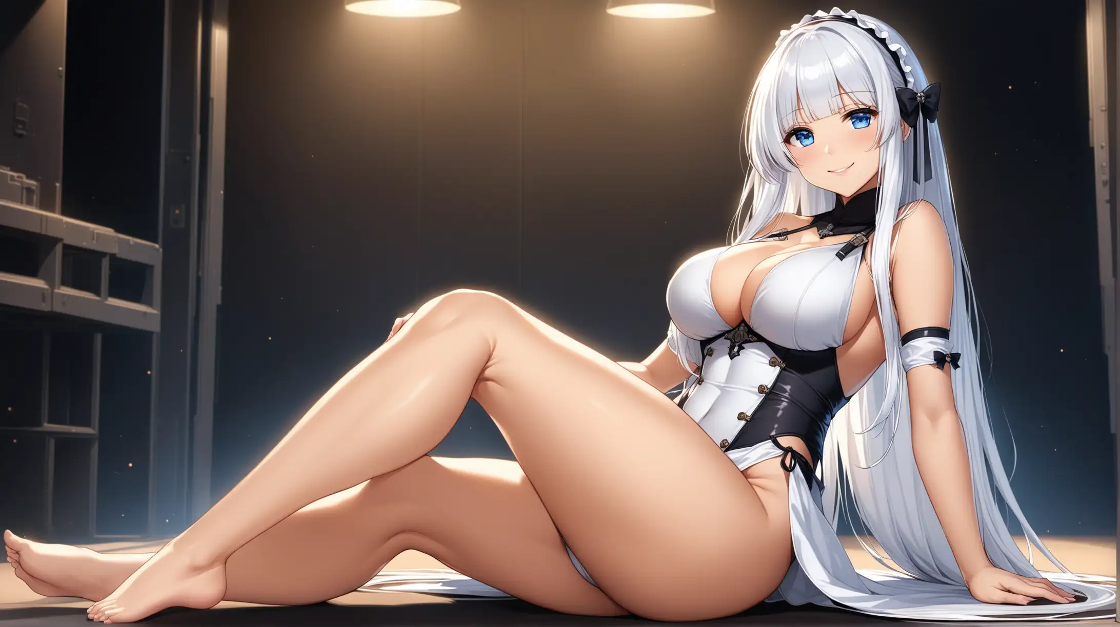 Draw the character Illustrious from Azur Lane, long hair, blue eyes, high quality, indoors, dim lighting, in a seductive pose, legs spread, wearing an outfit inspired from the Fallout series, smiling at the viewer