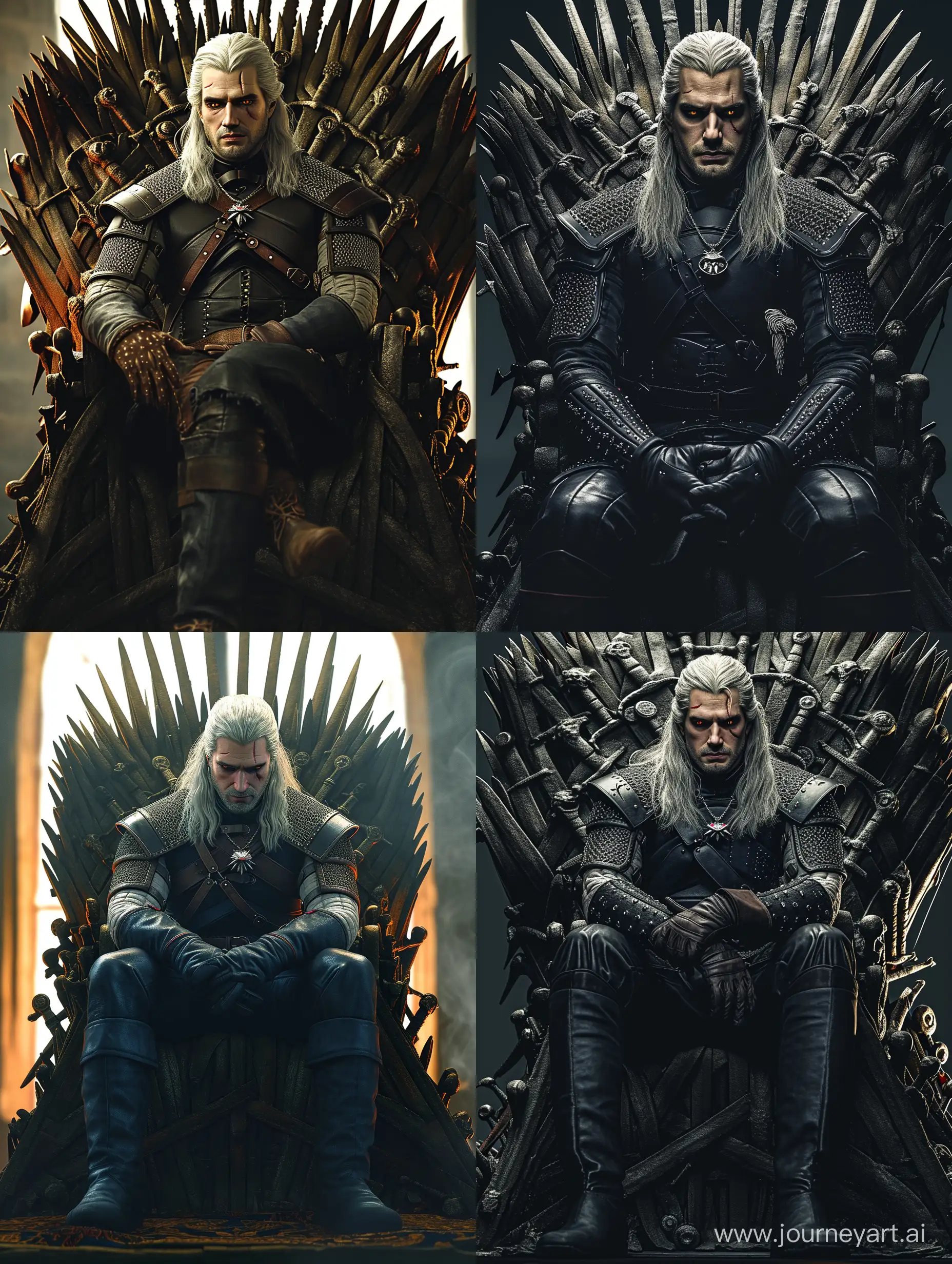 Henry Cavill is Geralt of Rivia from The Witcher Netflix, he sitting on the throne from Game of Thrones, far front view, shot from the movie, cinematic, photorealistic, ultra-detailed, 4k
