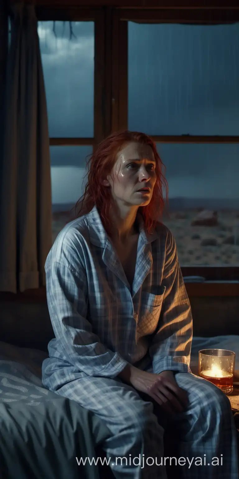 Wide shot 4 k - photorealistic. A beautiful Scandinavian woman in old pajamas, looking worried, shoulder length red hair, sits on messy bed, at night. Through a small bedroom window we see a heavy rainfall over a desert landscape. Rain streaked the window pane.  She’s holding a glass of whiskey. The scene is lit in a dark moody atmosphere.