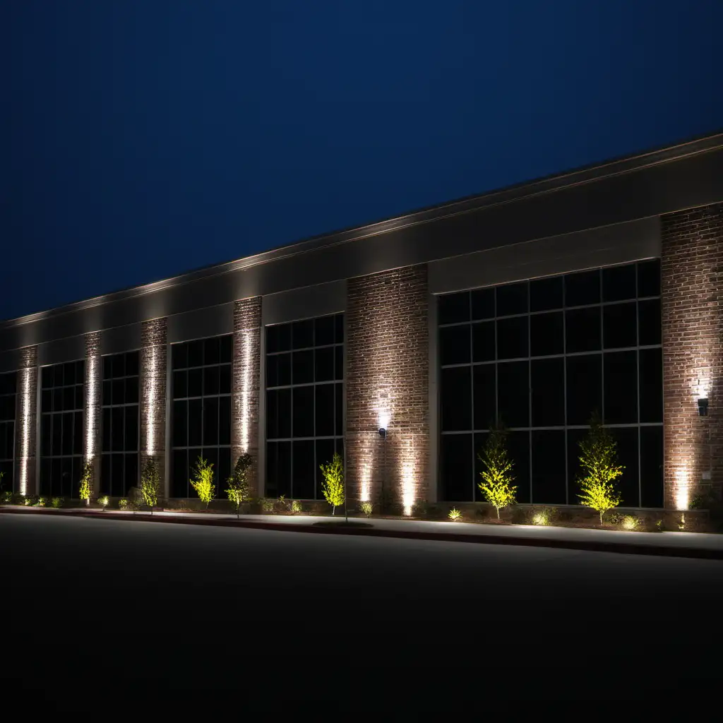 commercial building with landscape lights and uplit lights
