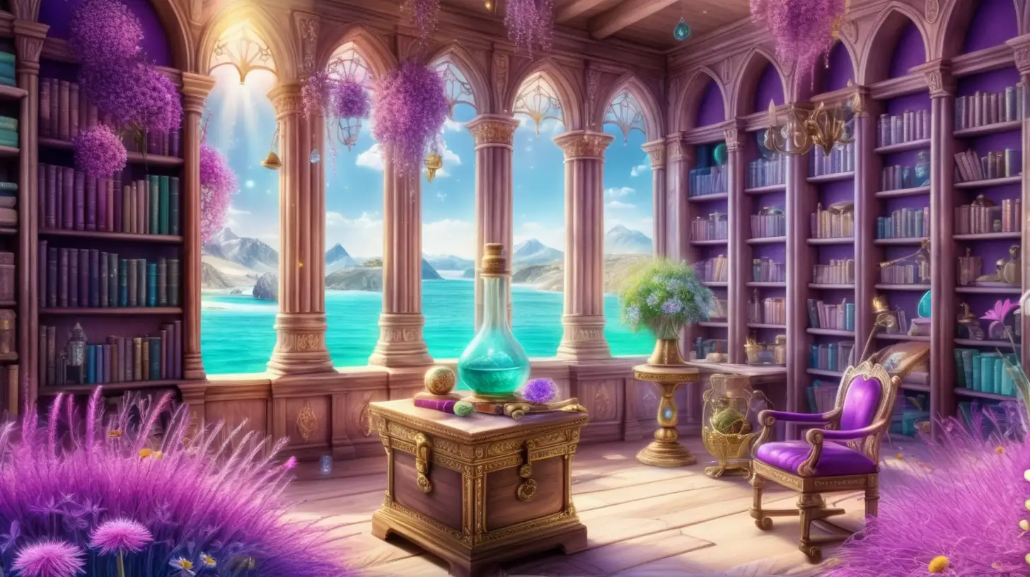 Magical Fairytale with bright purple ocean-pink and gold and gemstones and treasure chests and bright-turquoise flowers-growing by an oasis with bright sunny sky and giant dandelions and with bookshelves and purple and green and potions