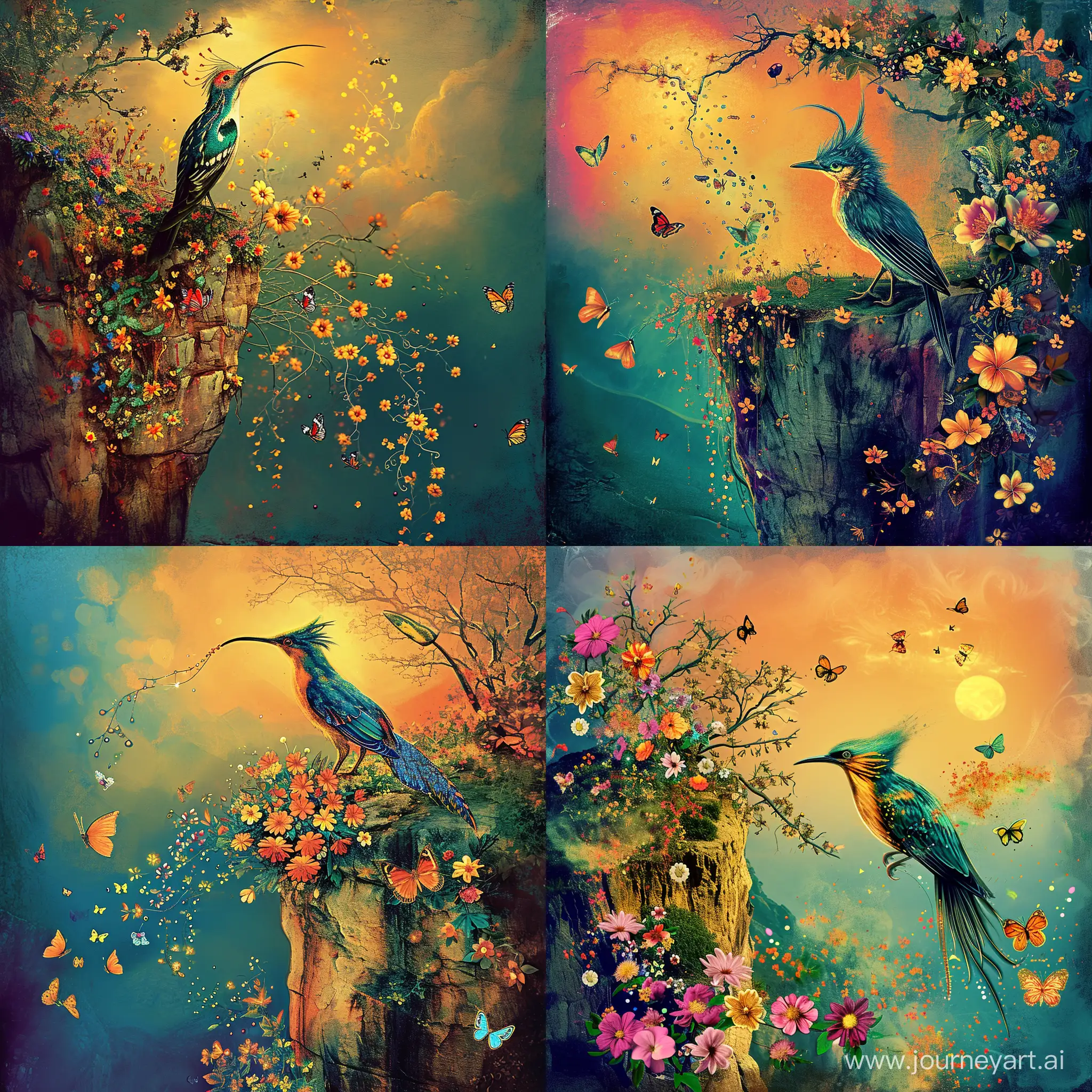 Colorful-Bird-Perched-on-Cliff-Surrounded-by-Flowers-and-Butterflies