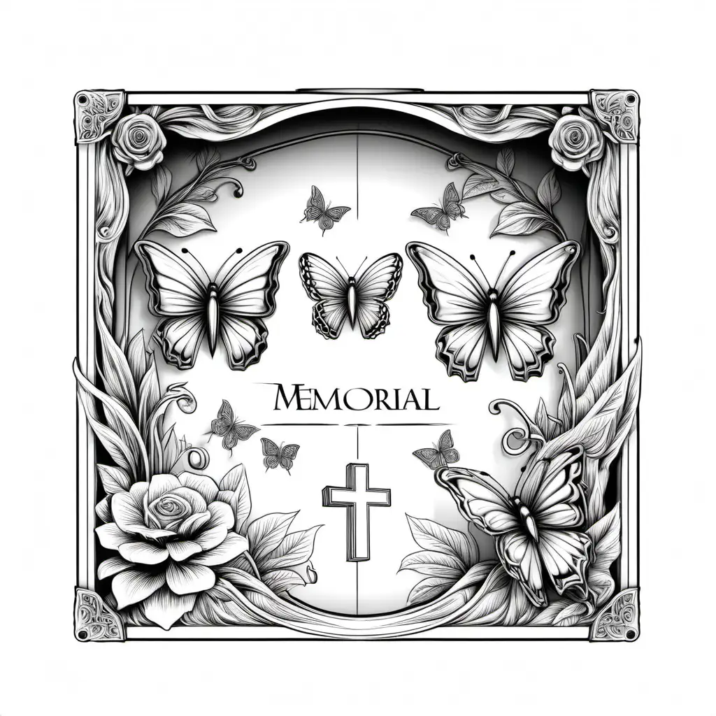 memorial box,dfx type,butterflyes and angels drawing,black lines vectorstyle,