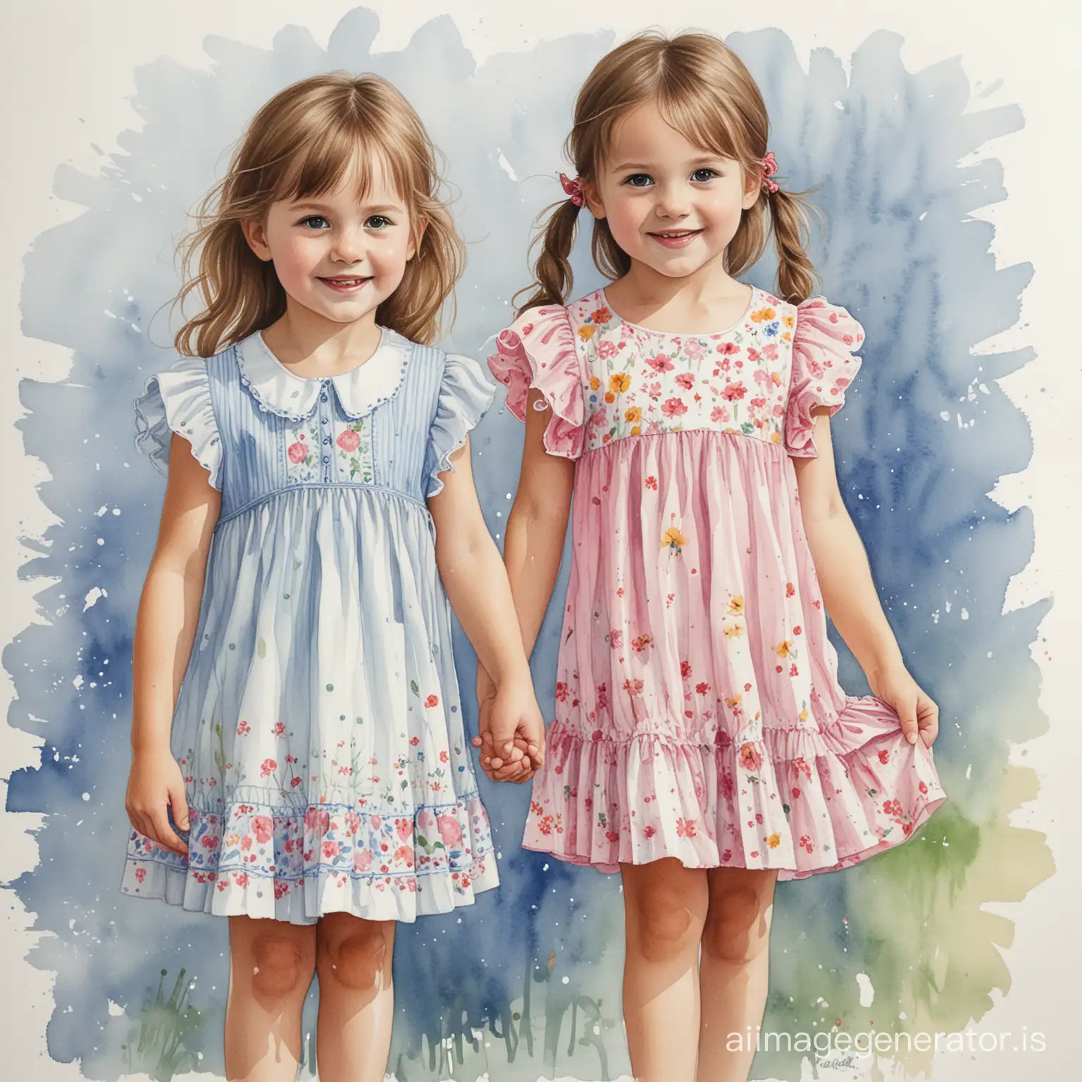 WATER COLOR DRAWING OF two girls 5 years old one girl wearing a summer dress one girl wearing skirt and a blouse