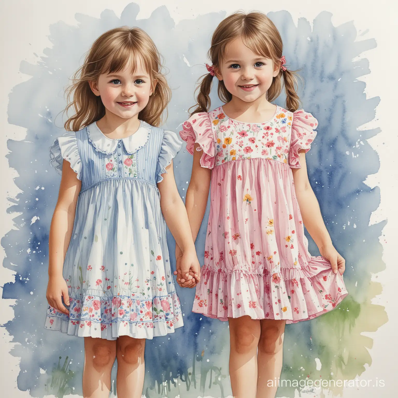 WATER COLOR DRAWING OF two girls 5 years old one girl wearing a summer dress one girl wearing skirt and a blouse

