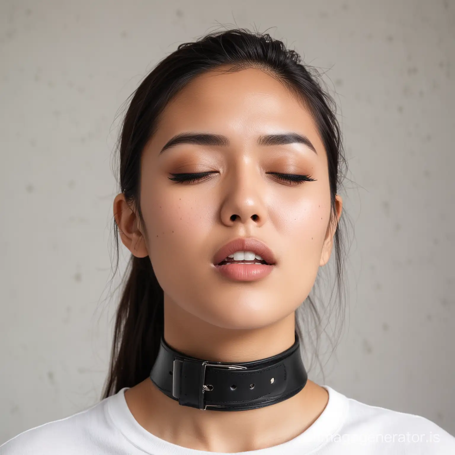 an indonesian young women, (bitting her lower lip while closing her eyes, furrowed his eyebrows, face facing upwards). wearing black tsirt, Choker belt. white Modern Architecture background.