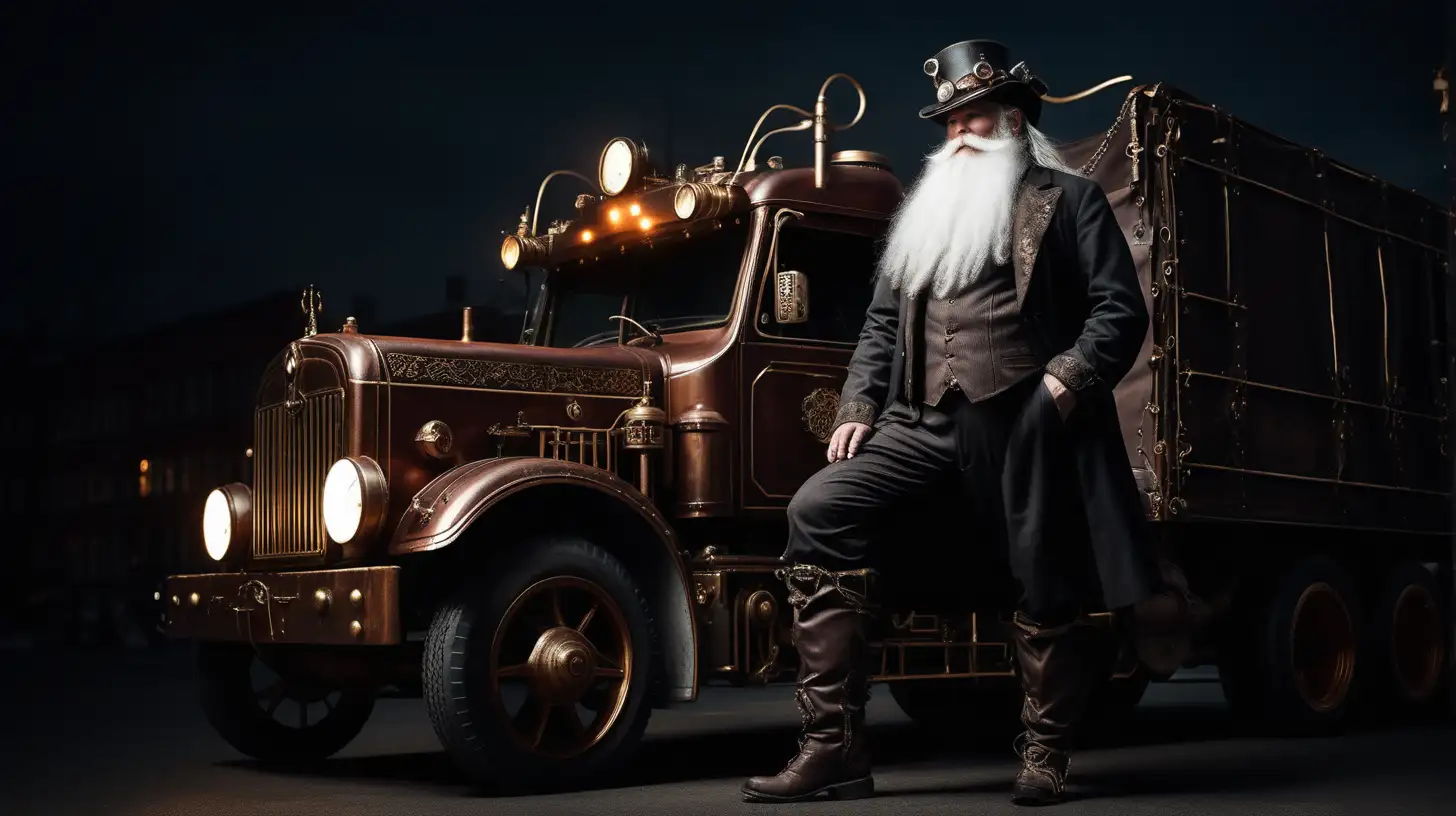 Steampunk Man with Long White Beard Amidst Soft Light and Darkness by a Big Truck Street with Reindeers