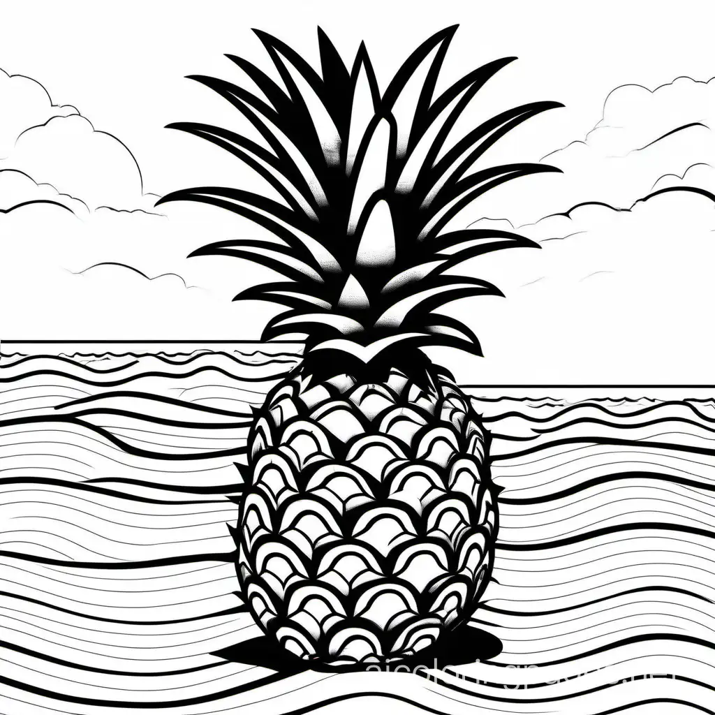 Pineapple on a beach, Coloring Page, black and white, line art, white background, Simplicity, Ample White Space. The background of the coloring page is plain white to make it easy for young children to color within the lines. The outlines of all the subjects are easy to distinguish, making it simple for kids to color without too much difficulty