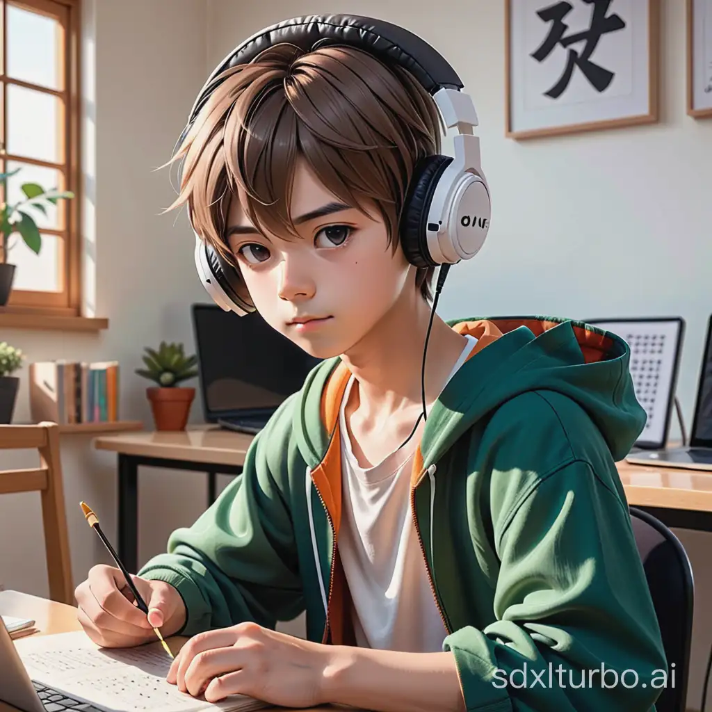 日漫风格的男生在安静的书房里带着耳机听音乐