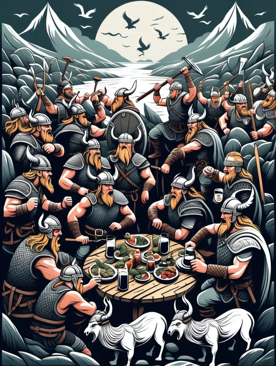 Vibrant Vector Illustration of Vikings Celebrating in Valhalla