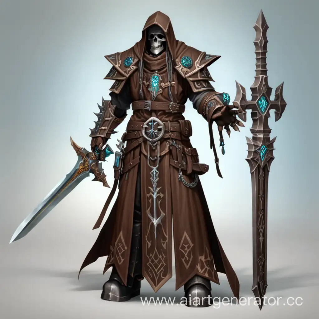 Ревенант жрец смерти, коричневое одеяние, железные наплечниеи, пояс, железные сапоги, стальной рунный меч