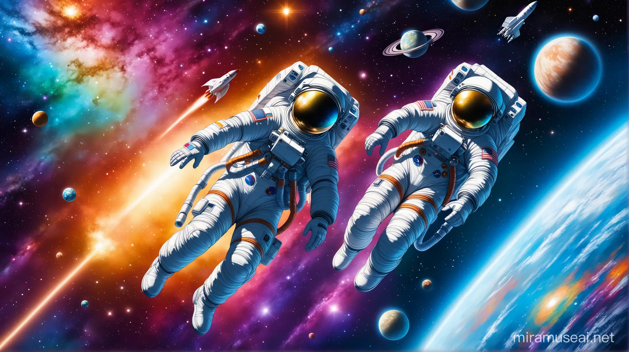 Astronaut Duo in a Vivid Cosmic Wonderland