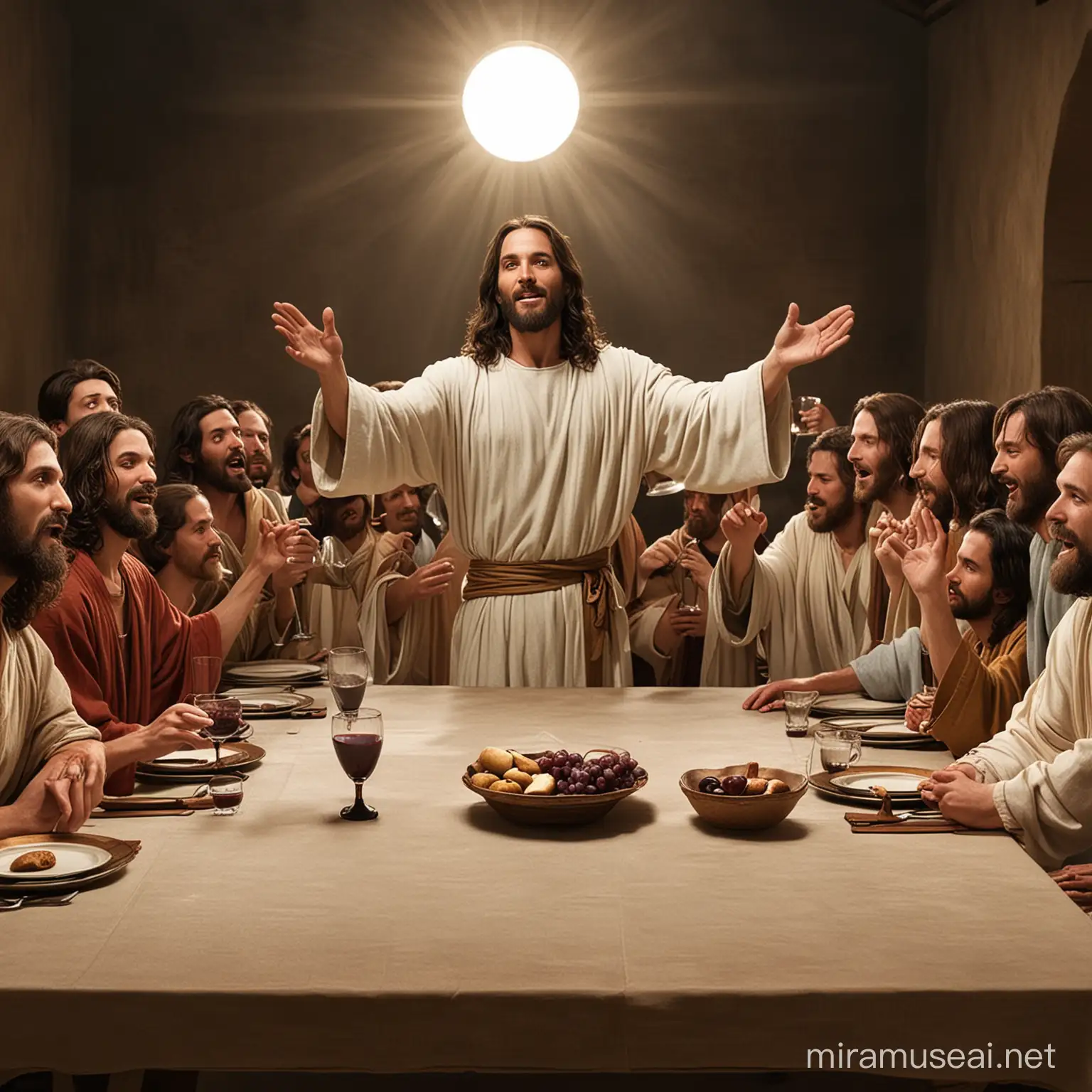 Jesús levantando la copa de vino durante la última cena con sus discípulos