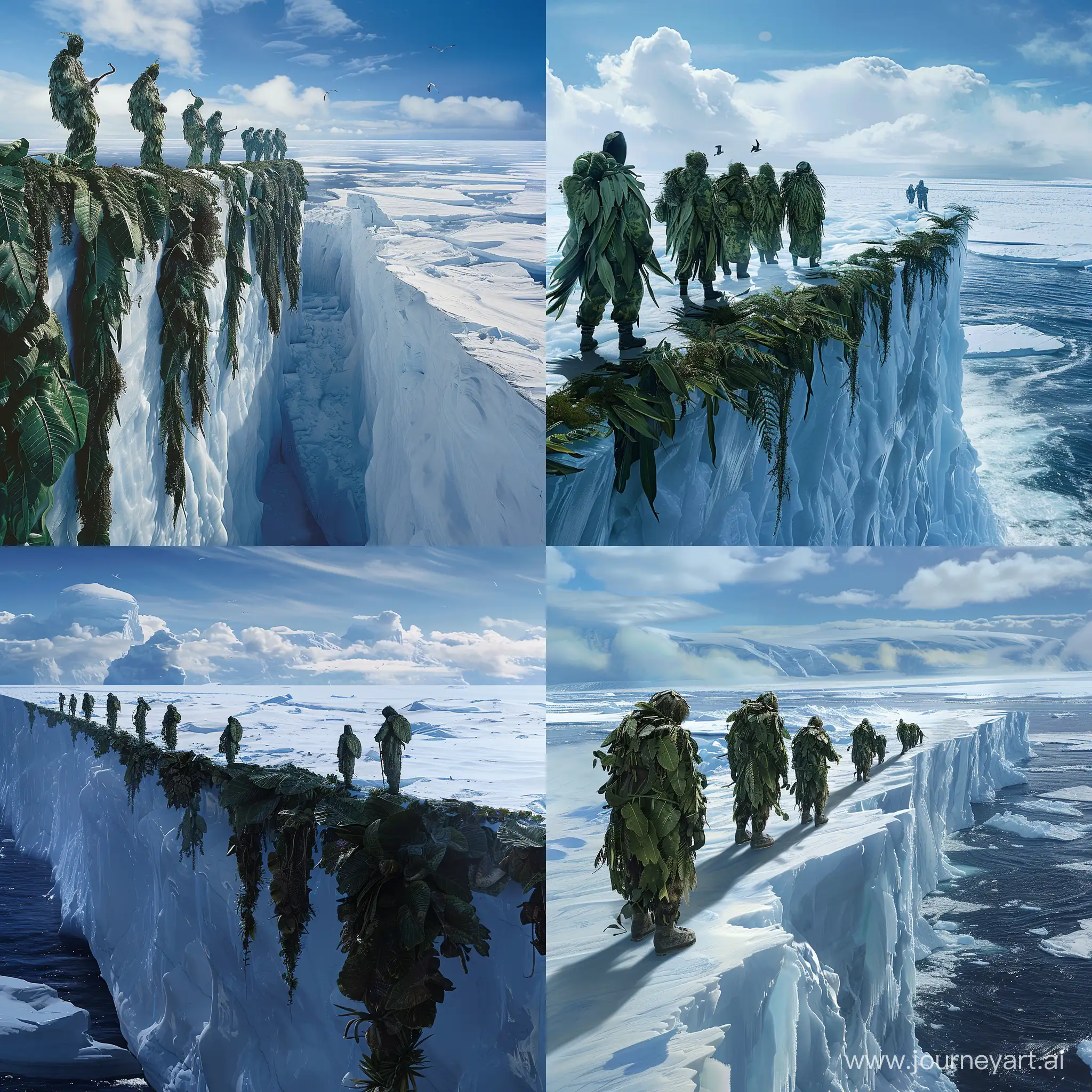 people dressed in clothes made of huge leaves standing on a huge ice wall on the Antarctic circle, looking beyond the Antarctic circle on the horizon beyond the Antarctic coast wonderful jungle with unprecedented plants and animals and birds,