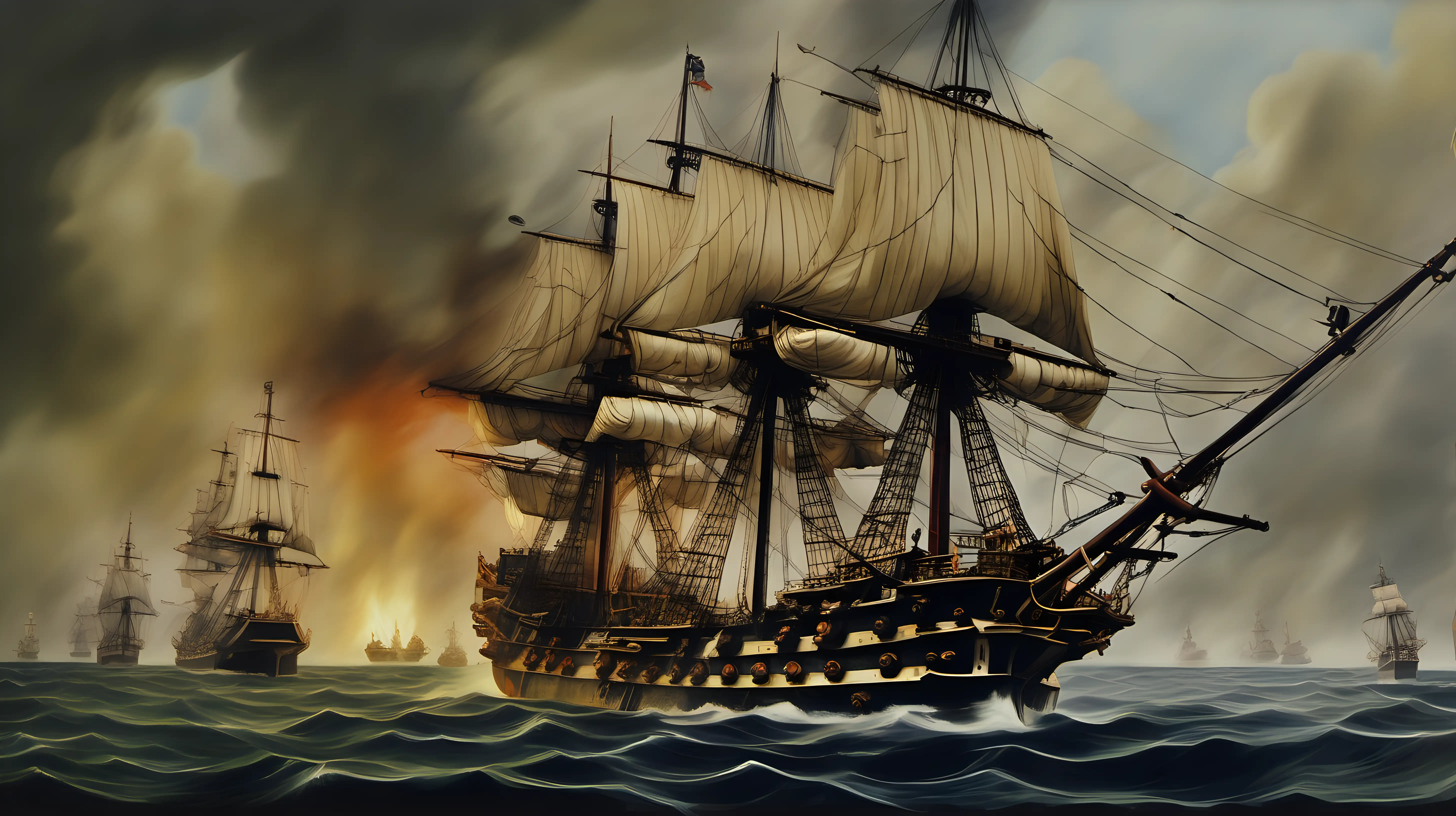 Epic 1700s Square Rig Battle Ship Oil Painting
