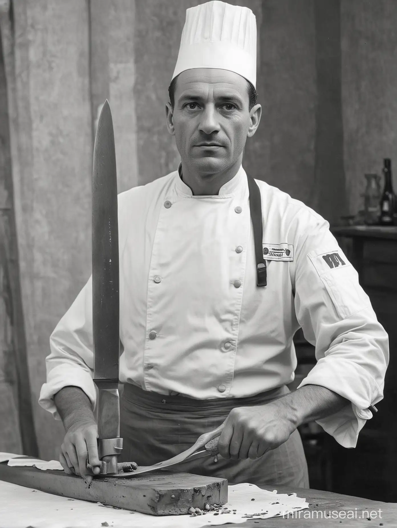 ww2 french chef with a huge knife