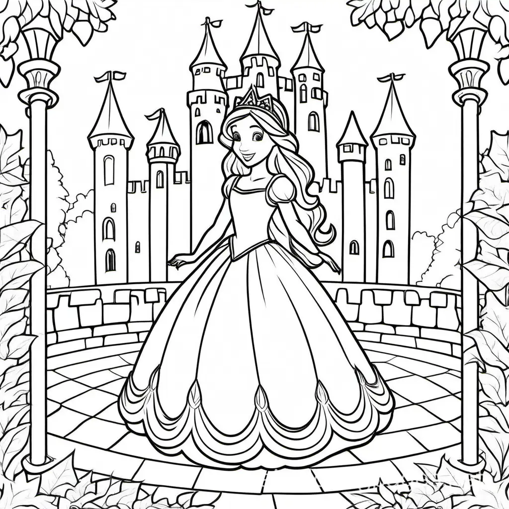 Generate me a image of a princess playing in the castle garden, Coloring Page, black and white, line art, white background, Simplicity, Ample White Space. The background of the coloring page is plain white to make it easy for young children to color within the lines. The outlines of all the subjects are easy to distinguish, making it simple for kids to color without too much difficulty