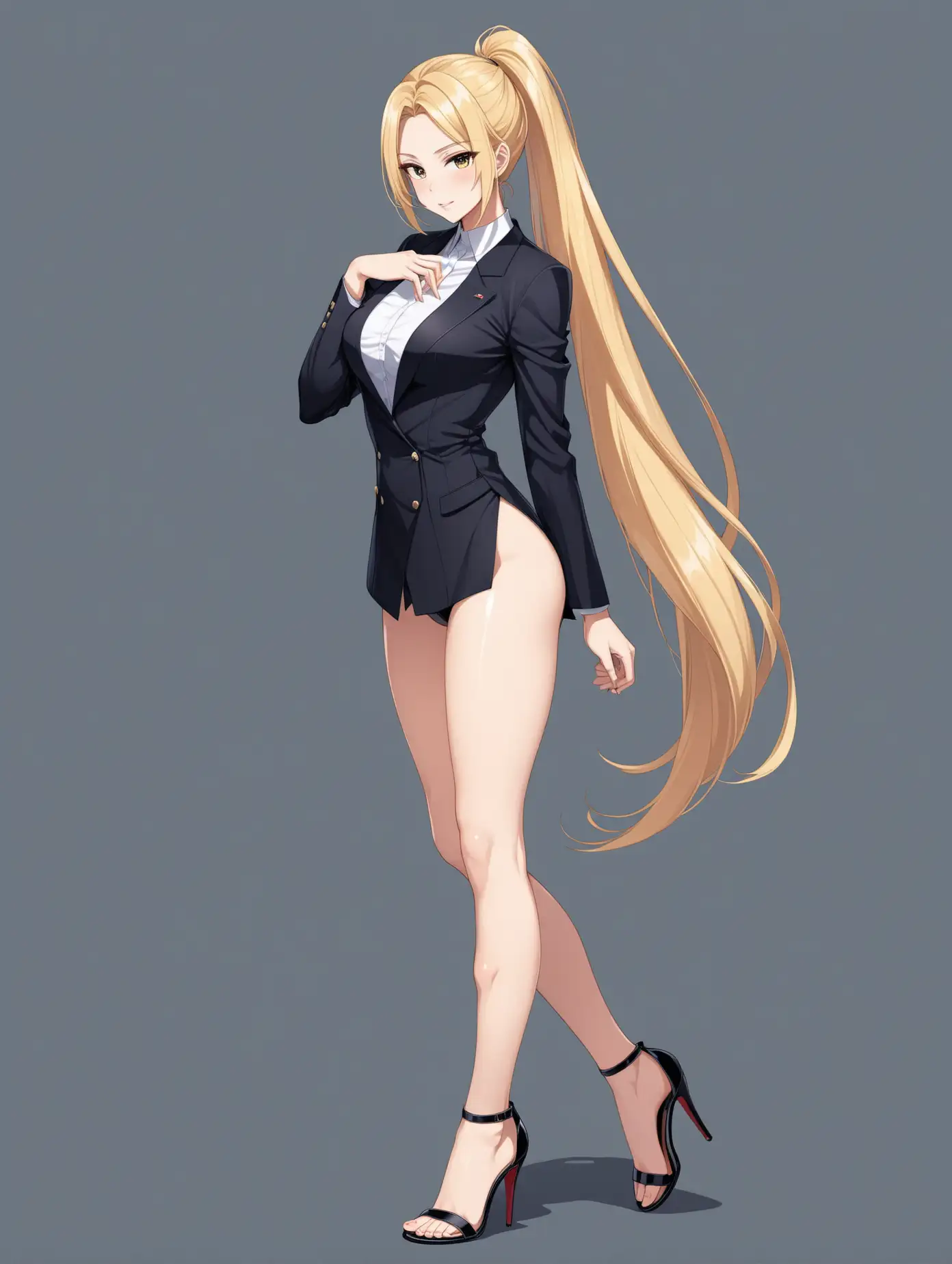 Sensual picture in full body of a anime girl, hot, elegant, political leader, height tall, blonde hair, long ponytail, ankle strip high heels sandals, 2 poses