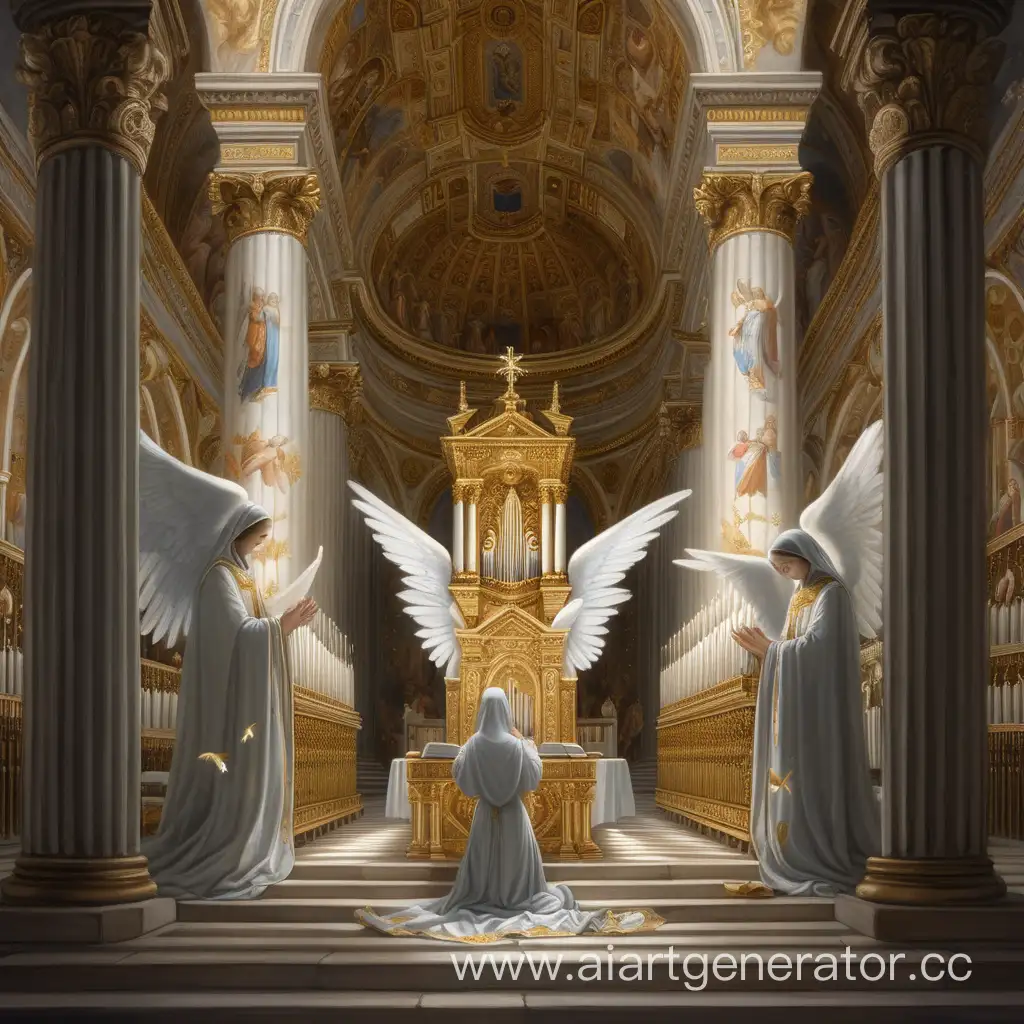Serene-Devotion-Woman-in-White-Praying-at-Ornate-Organ