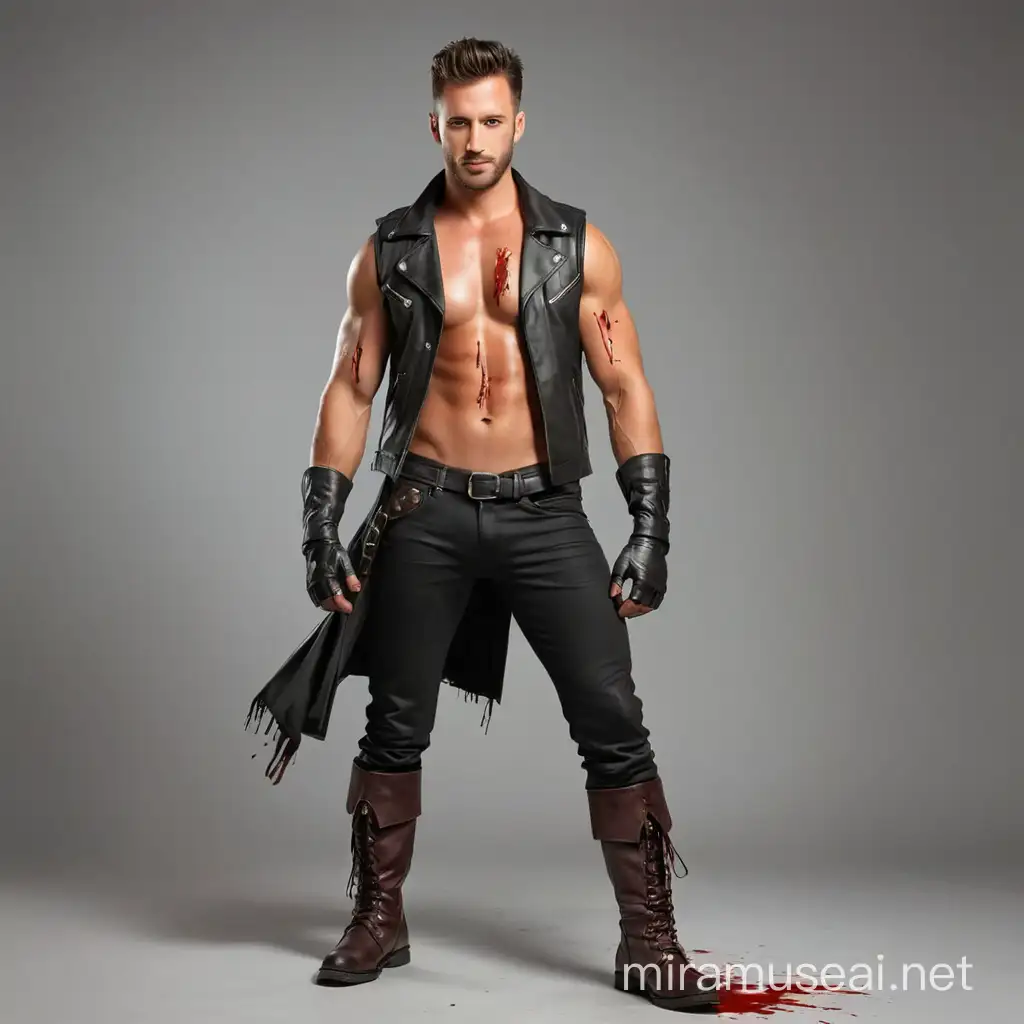  full length portrait, a handsome man, shirtless in leather vest, leather fingerless gloves, leather boots, body is bleeding