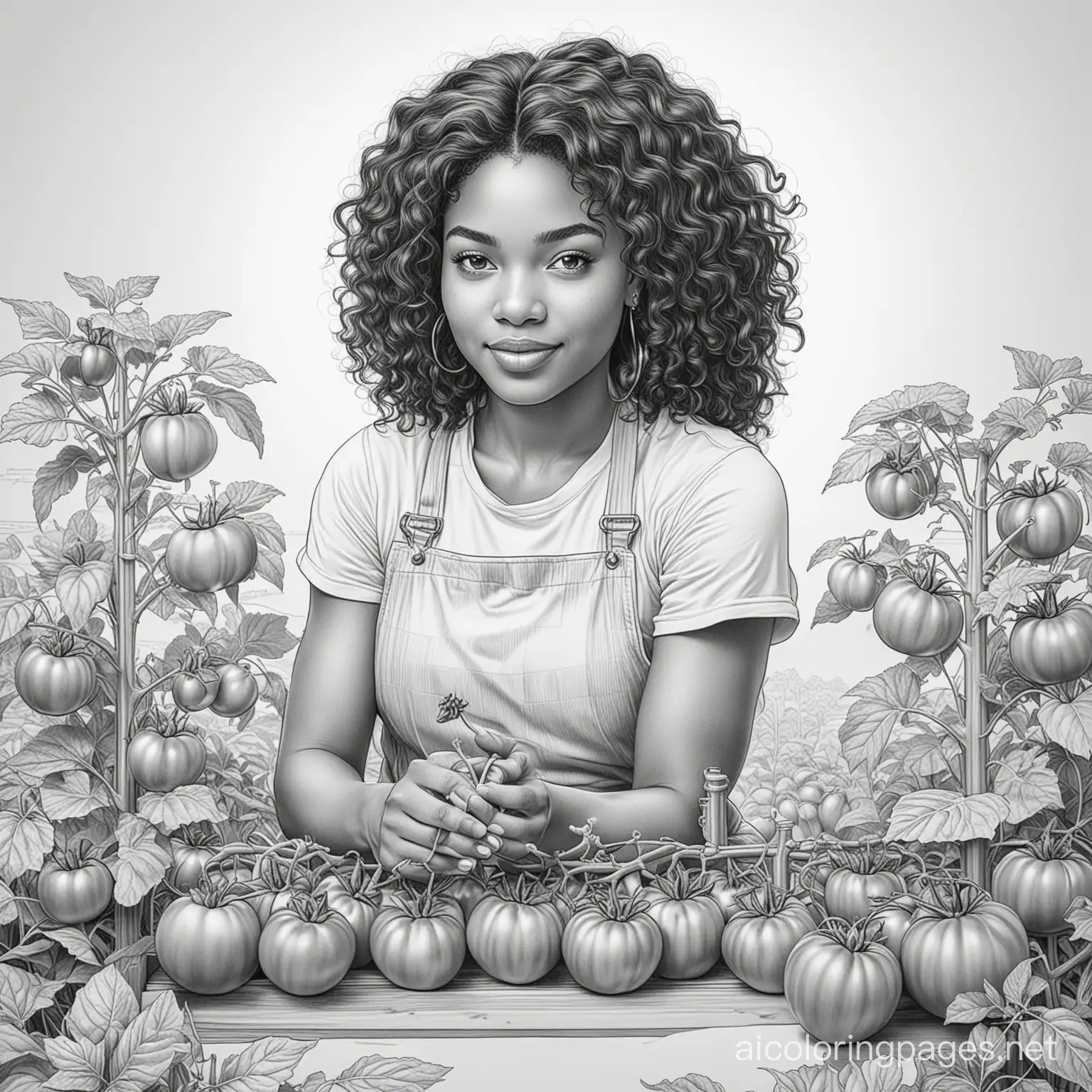 African American woman growing tomatoes, Coloring Page, black and white, line art, white background, Simplicity, Ample White Space. The background of the coloring page is plain white to make it easy for young children to color within the lines. The outlines of all the subjects are easy to distinguish, making it simple for kids to color without too much difficulty