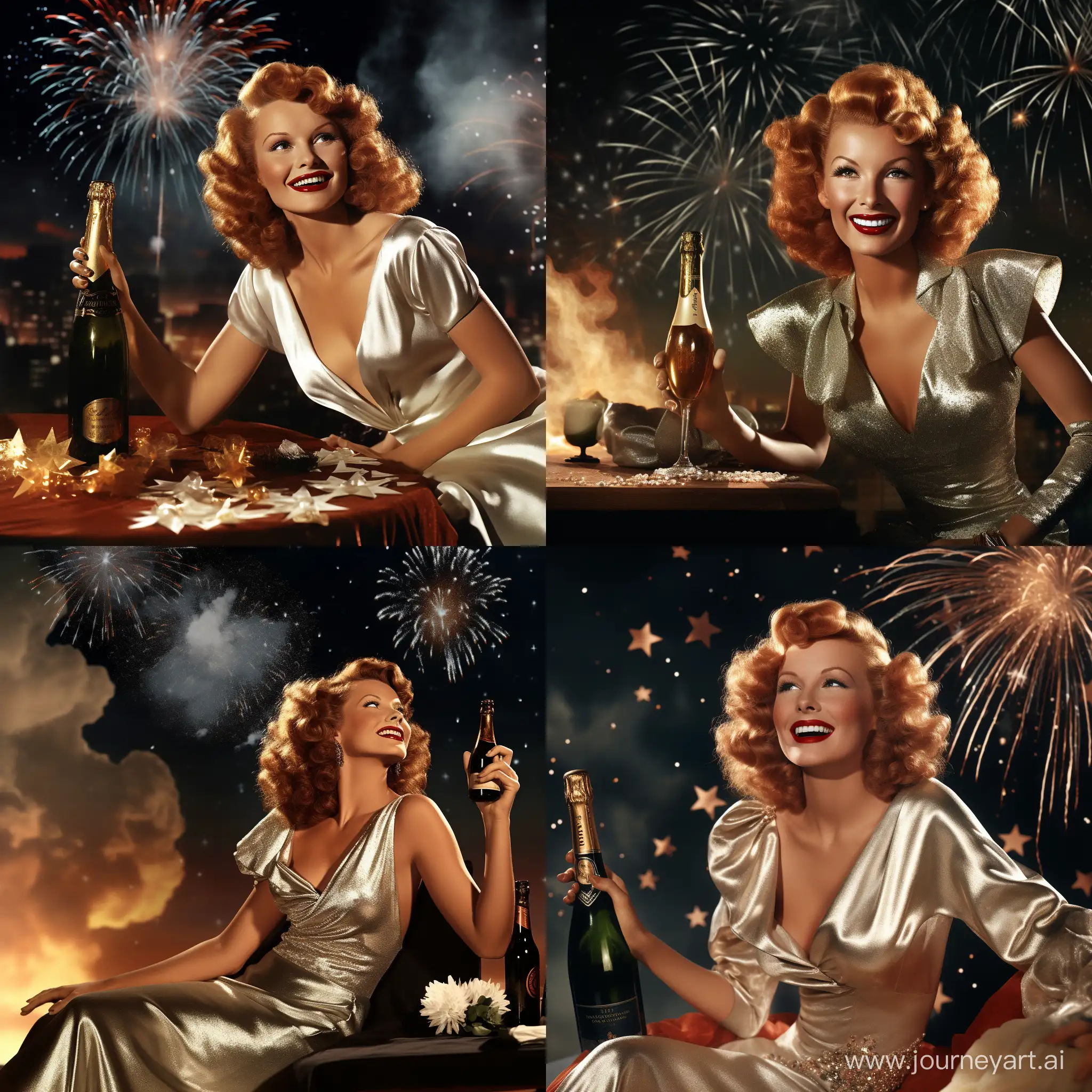 Rita Hayworth with end of year outfit, champagne, fireworks, indie, retro, happy, real, photorealistic, smile, parte background, Sky, People background