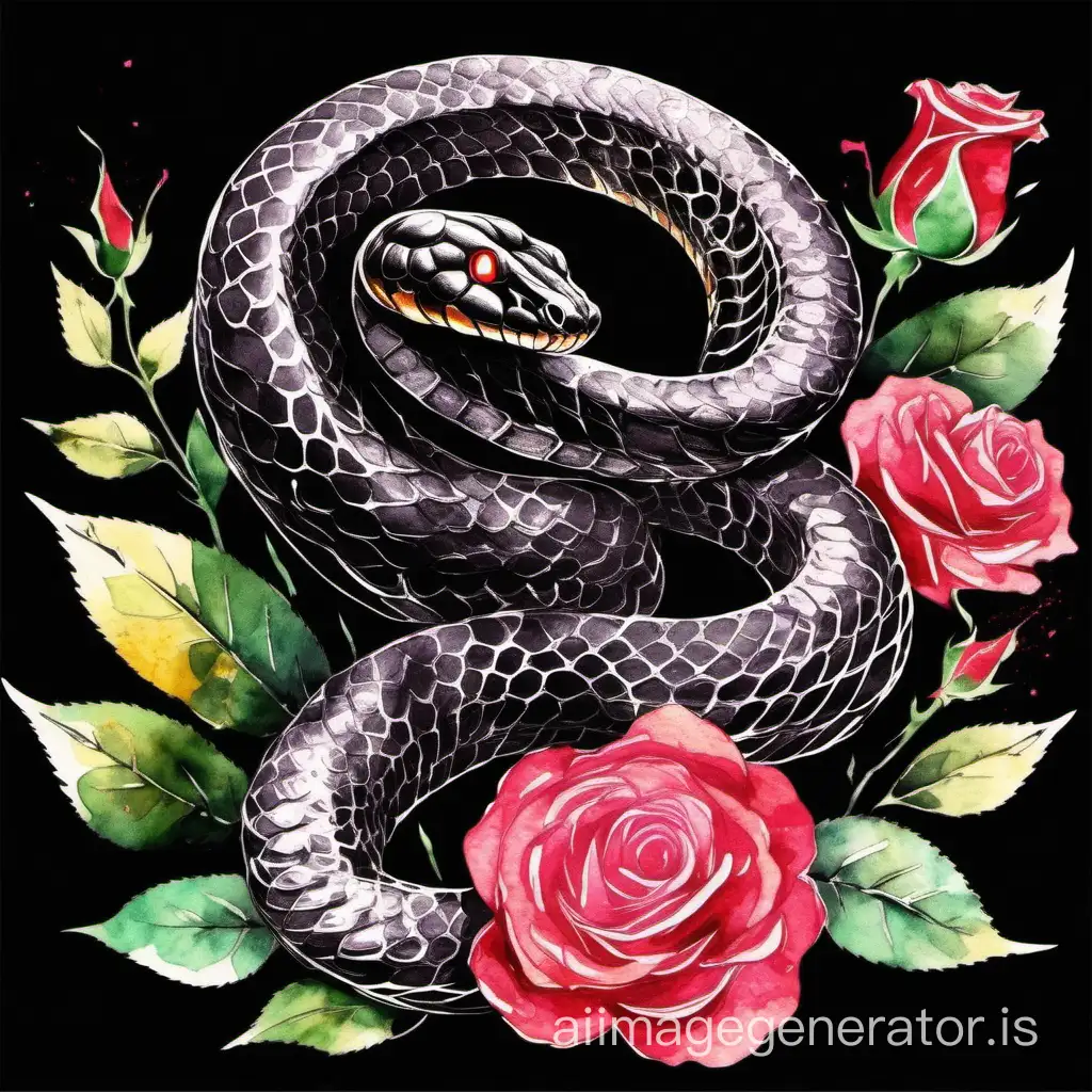 Abstract cobra snake with roses,  frontal view, sumi-e japanese watercolor, color splash style, multicolor palette, black background 