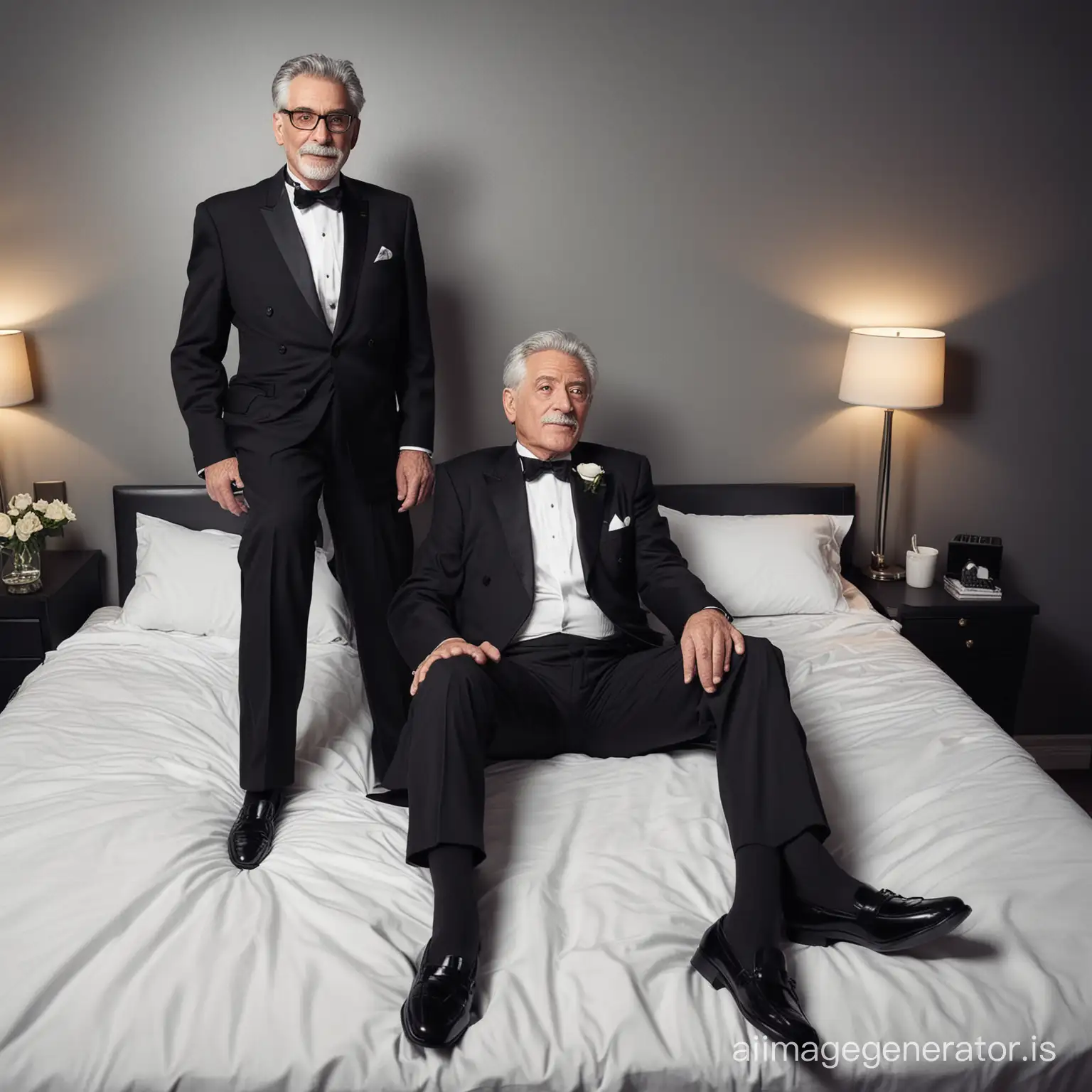 Two men, both 80 years old gentlemen, shot height, both wearing tuxedo, black loafers, grey hair,  embarrassing face, laying on the bed, full body shot, full body shot, office background, dramatic lighting