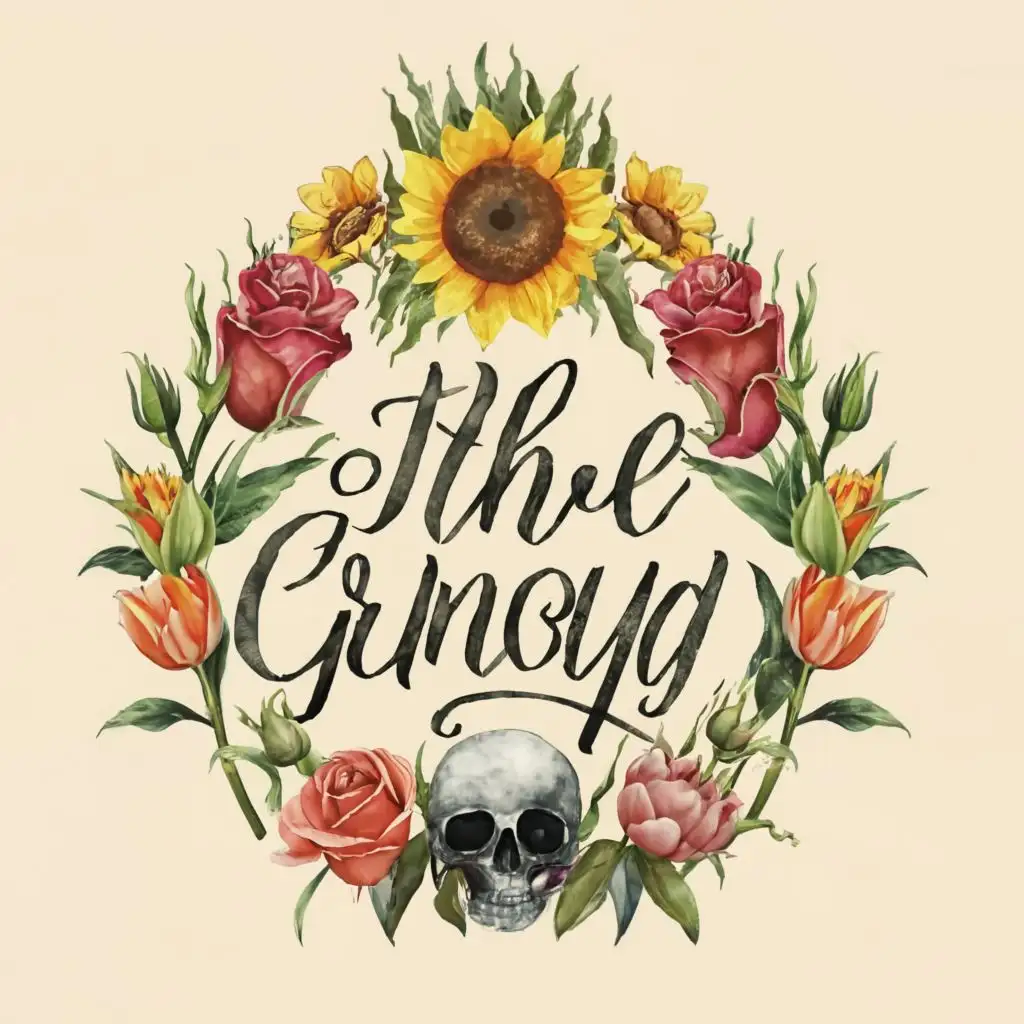 Grungry logo in old english font, Black roses, sunflowers, BLACK tulips. Gothic, emo, pretty