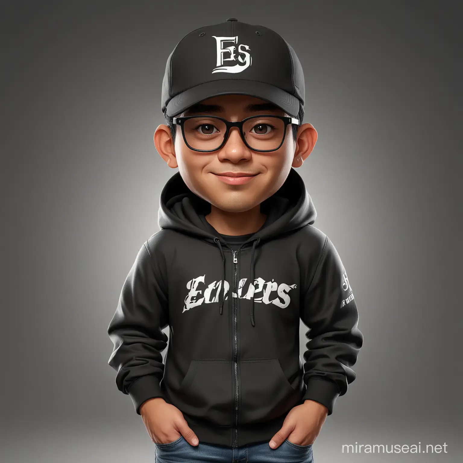 Caricature potrait body potrait, An Indonesian man age 25 years old, big head, wearing black baseball cap text "es" and glasses, neat short hair, wearing black hoodie, realistic, unreal engine, 