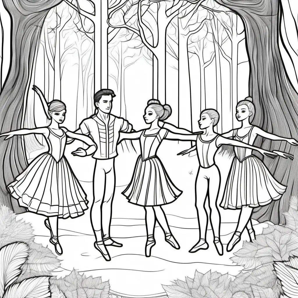 coloring page for adults, ballet 3 cOUPLEs, man wearing pants, girl wearing tutu, las lloronas felices, lago cisnes, bosque,
cartoon style, detailed, thick lines, no shading -- ar 9:11