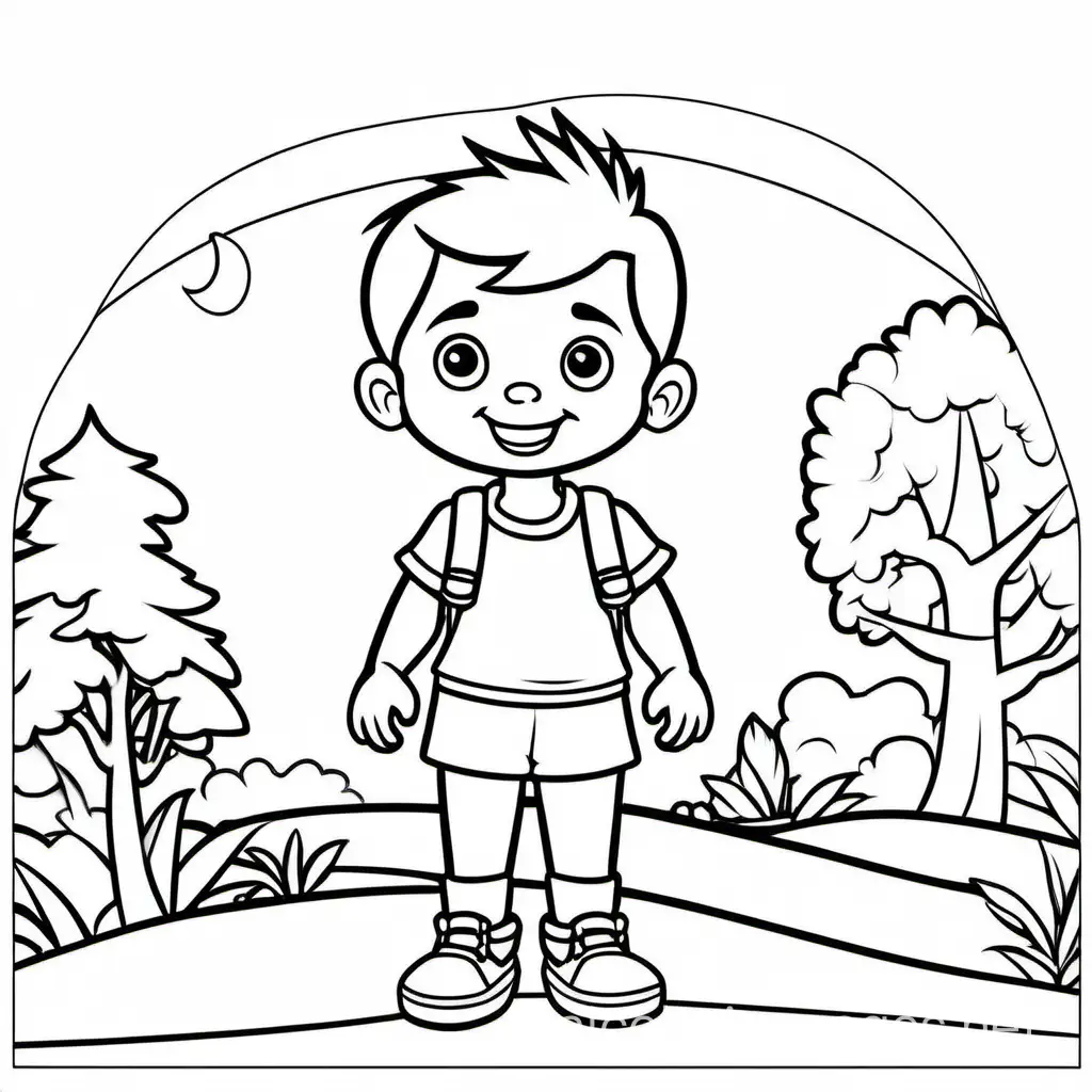 Cartoon child, Coloring Page, black and white, line art, white background, Simplicity, Ample White Space. The background of the coloring page is plain white to make it easy for young children to color within the lines. The outlines of all the subjects are easy to distinguish, making it simple for kids to color without too much difficulty