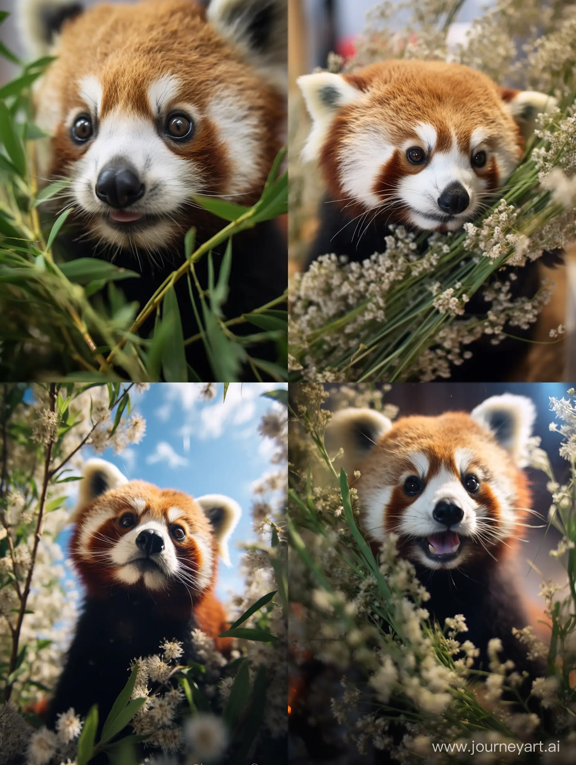 малая панда, professional photo, 15mm,f/2.8,1/500s, iso2000, bottom-up view, среди бамбука, праздничная атмосфера, высокая детализация, крупный план