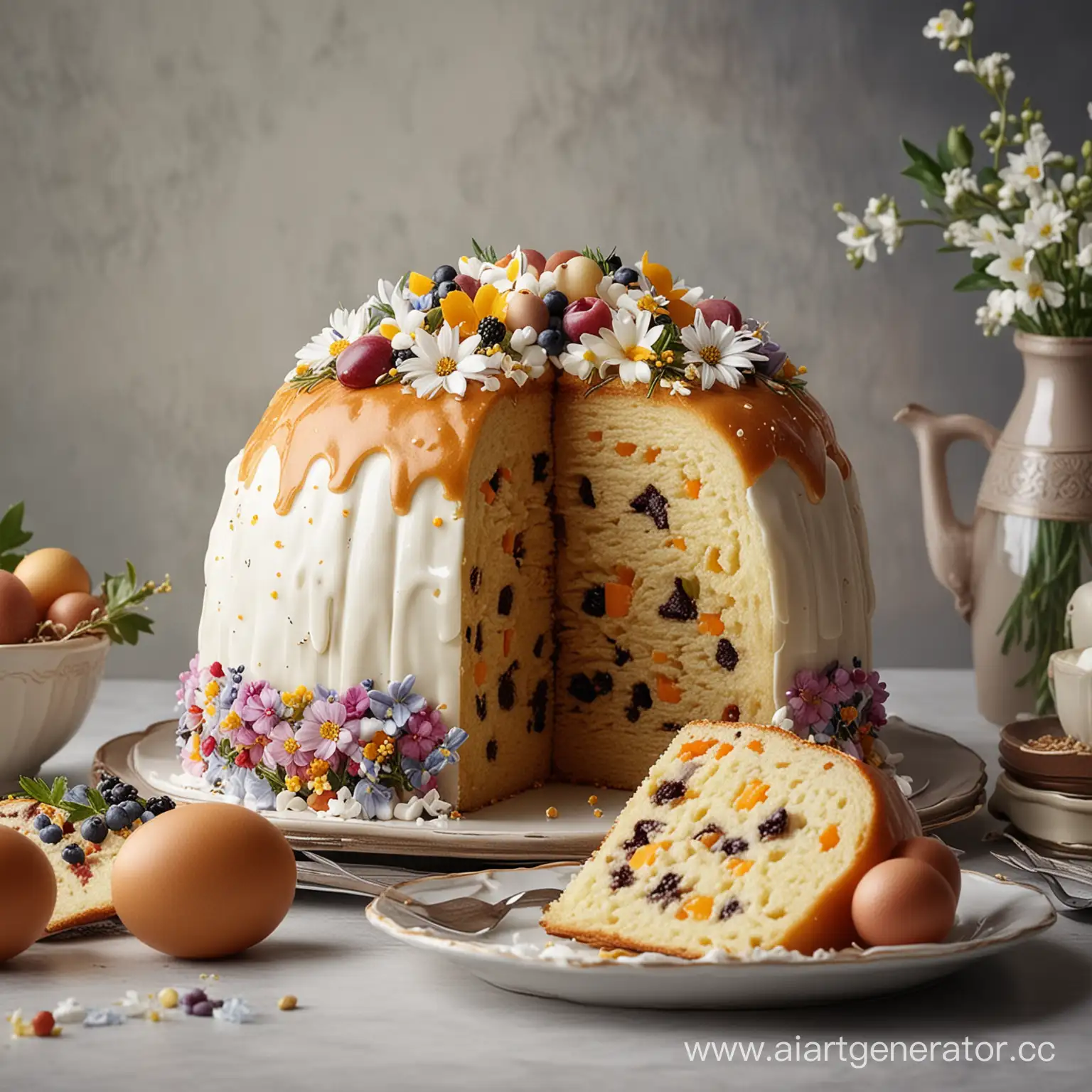 Create stunning ultra-realistic food photography in 8K format  Grandma's Easter Kulich Beautifully adorned with intricate details. The composition should reflect Michelin-starred food presentation, with an emphasis on exquisite serving and attention to detail reminiscent of Todd Porter and Diane Koo's signature style. Capture the essence of culinary excellence.